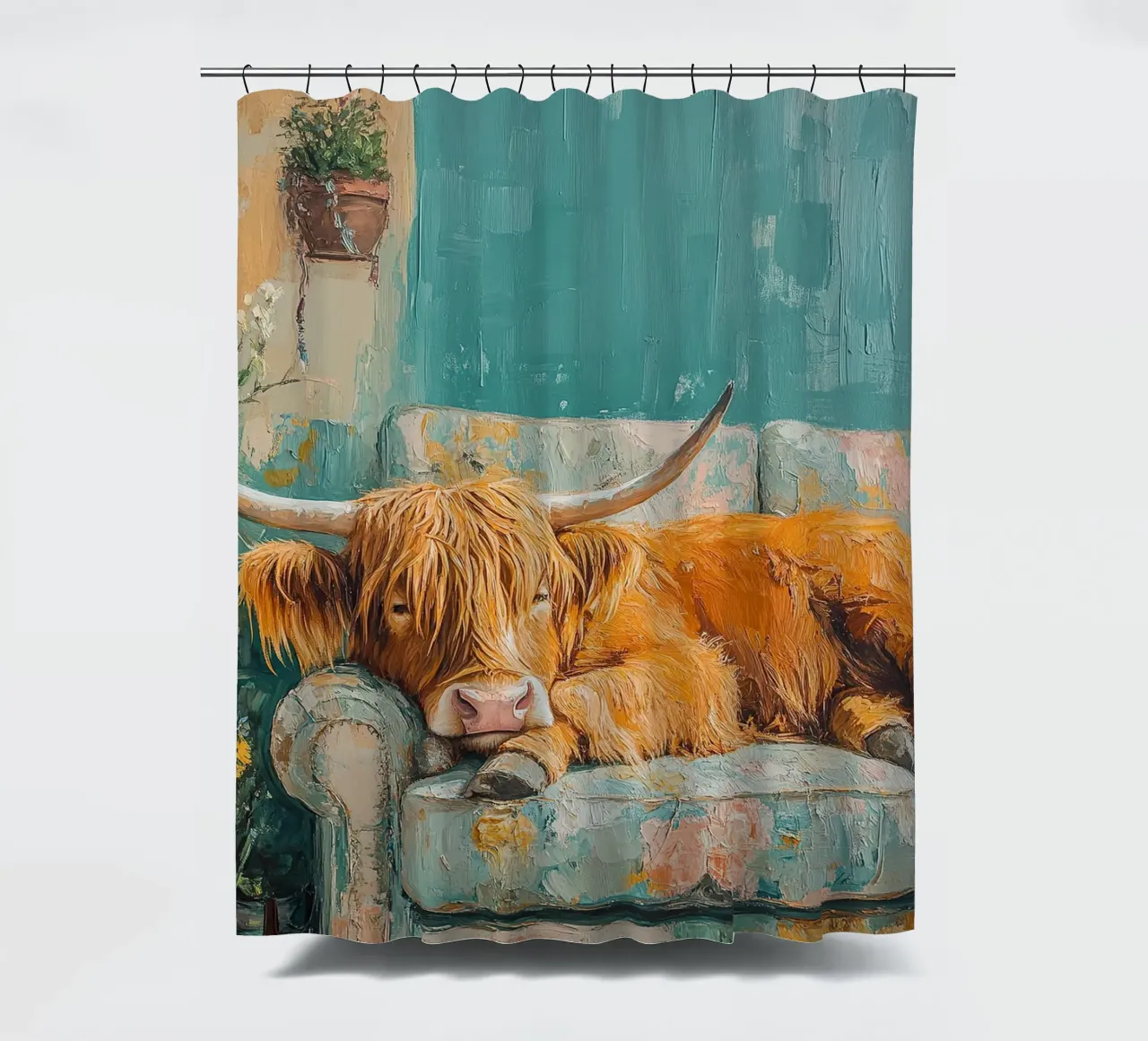 Mucca Highland sul divano tenda da doccia da Nikis Art Studio