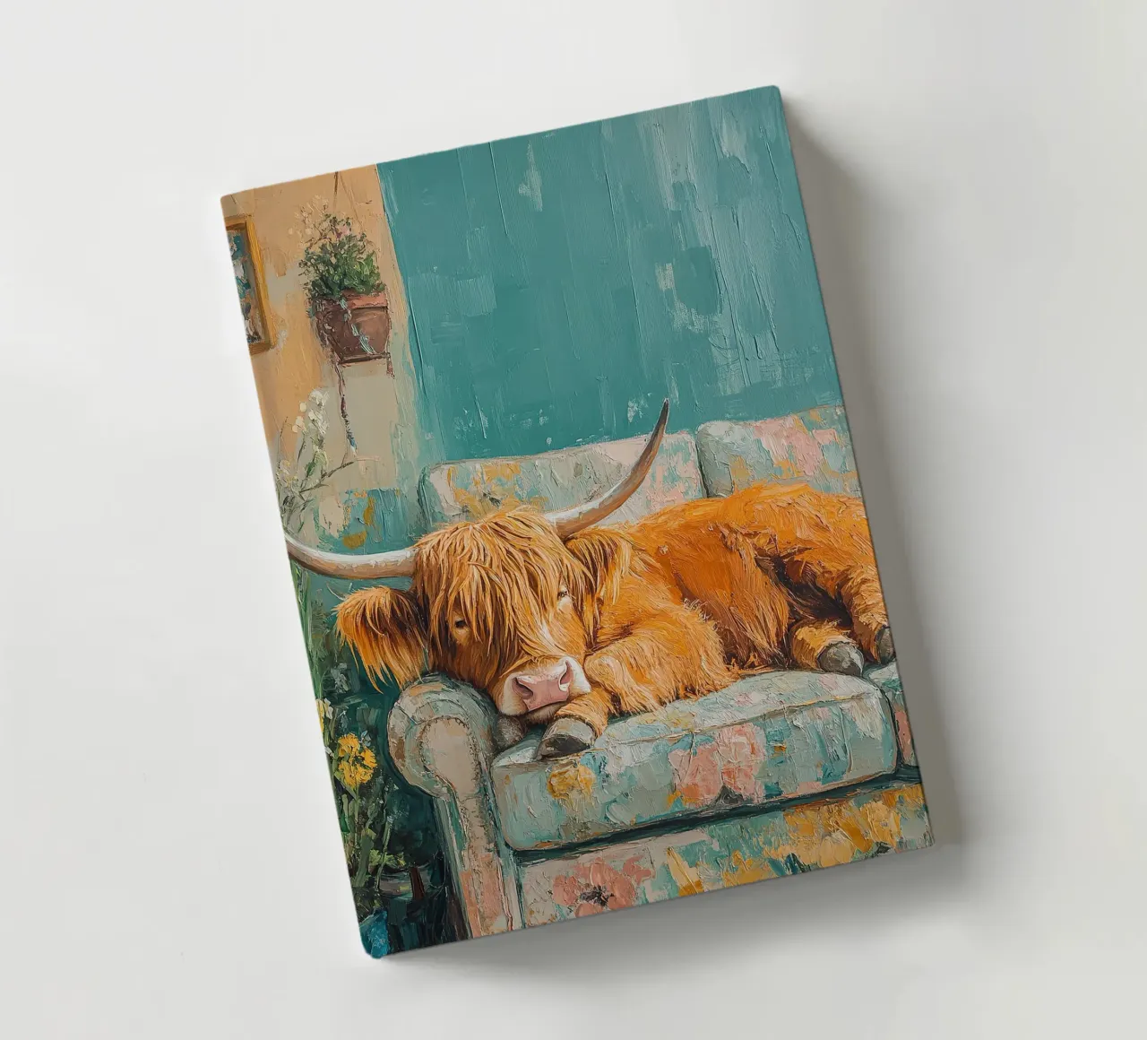 Mucca Highland sul divano diario da Nikis Art Studio