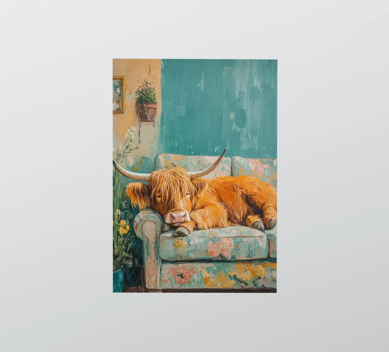 Mucca Highland sul divano adesivo da Nikis Art Studio