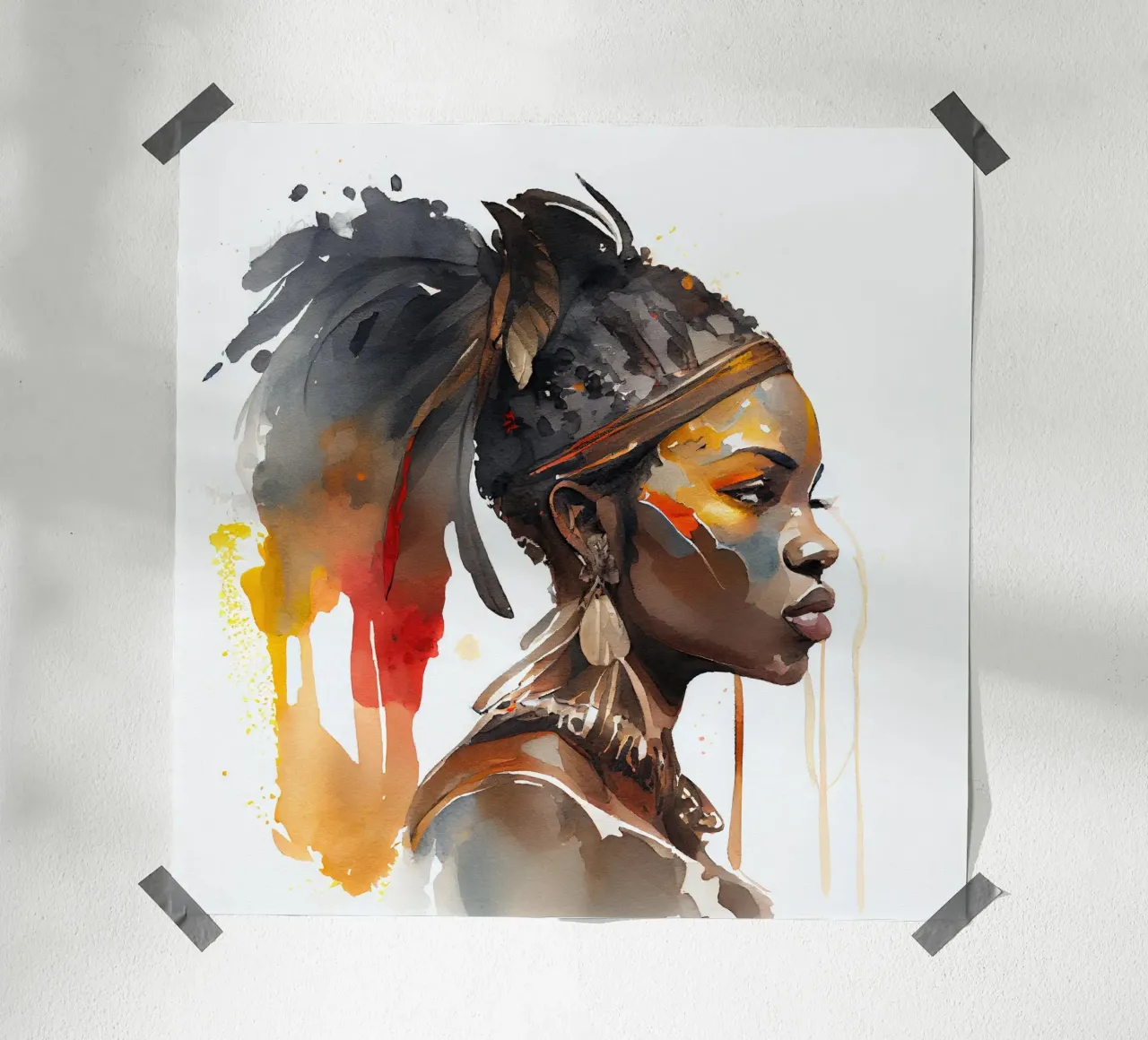 Acquerello Donna guerriera africana poster con telaio in alluminio da Chromatic Fusion Studio