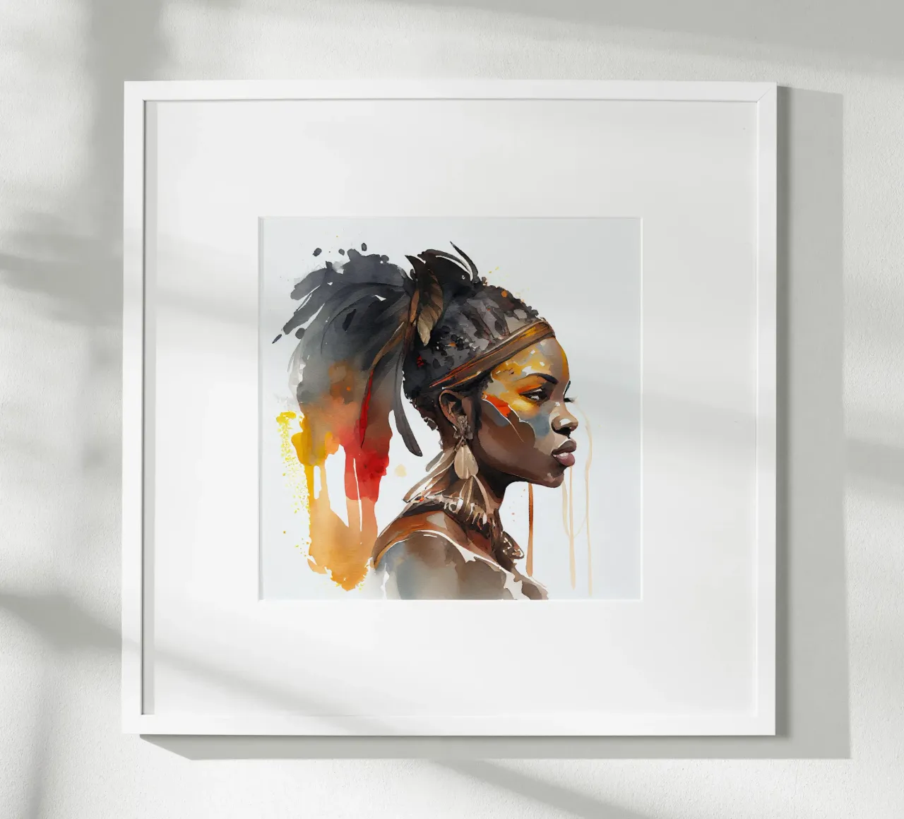 Acquerello Donna guerriera africana poster con telaio in alluminio da Chromatic Fusion Studio
