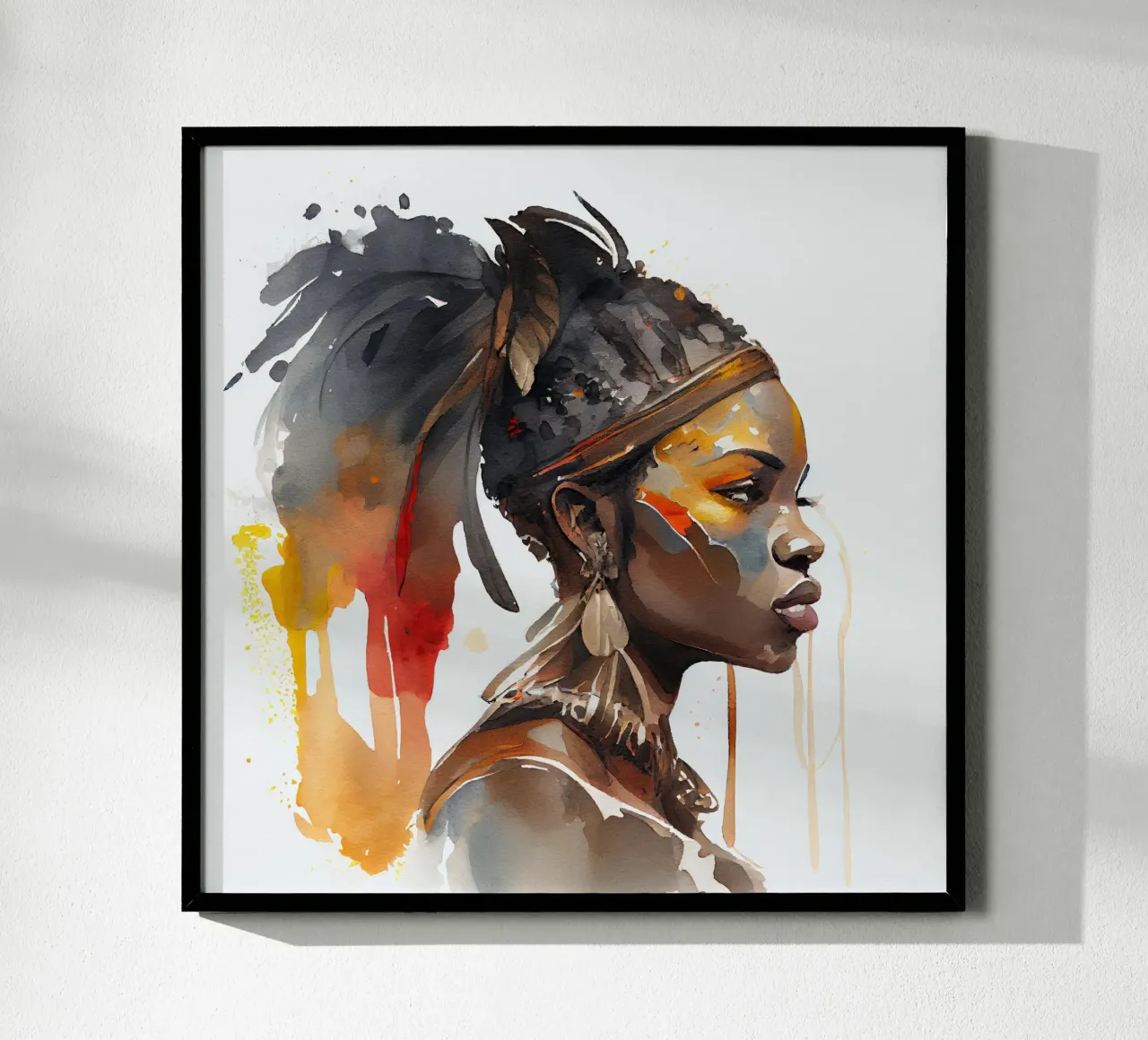 Acquerello Donna guerriera africana poster con telaio in alluminio da Chromatic Fusion Studio