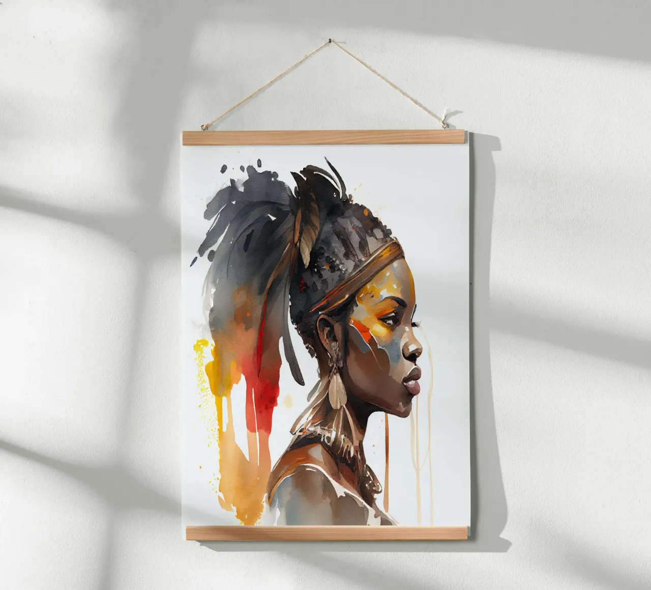 Acquerello Donna guerriera africana poster con telaio in alluminio da Chromatic Fusion Studio