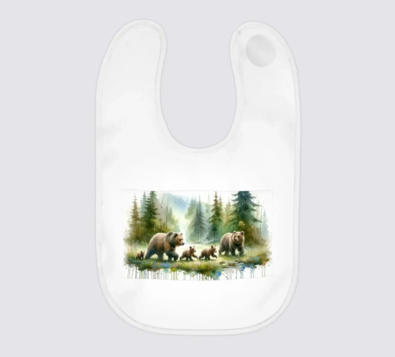 Acquerello Famiglia di orsi nella foresta bavaglino da Chromatic Fusion Studio