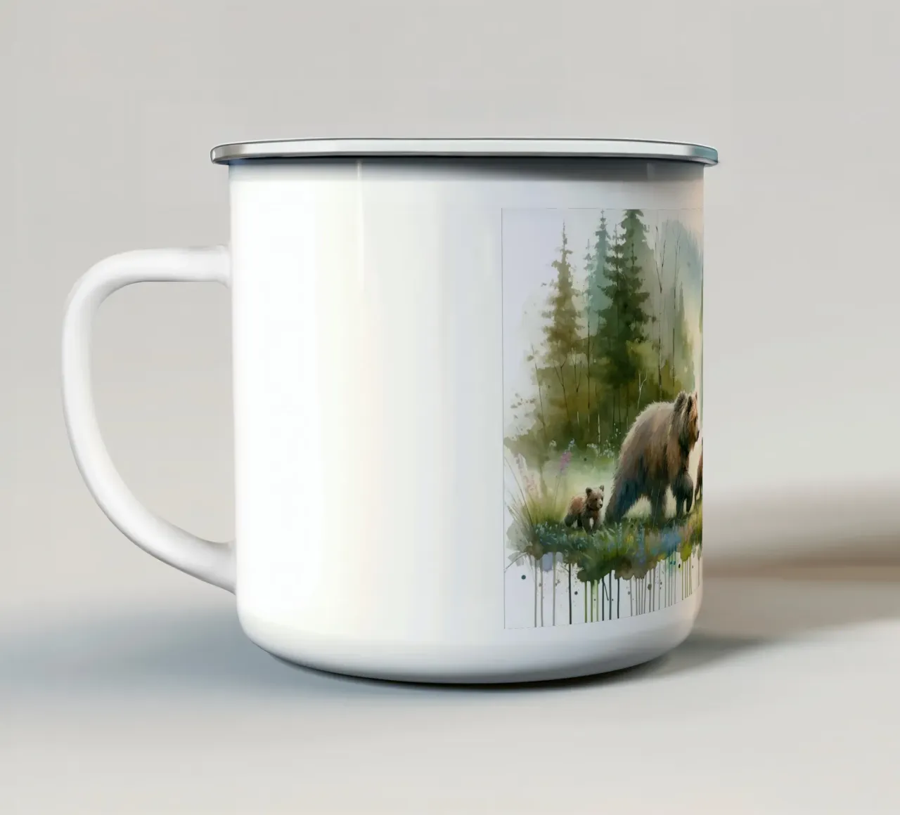 Acquerello Famiglia di orsi nella foresta tazza in smalto da Chromatic Fusion Studio