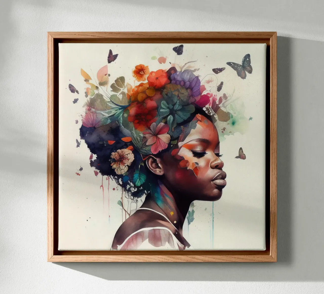 Farfalla acquerellata Donna africana tela con Cornice a cassetta da Chromatic Fusion Studio