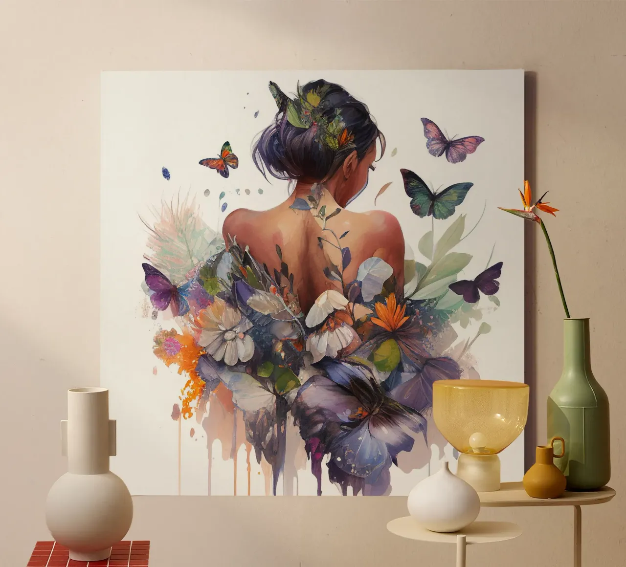 Aquarel vlinder vrouw lichaam canvas met Baklijst van Chromatic Fusion Studio