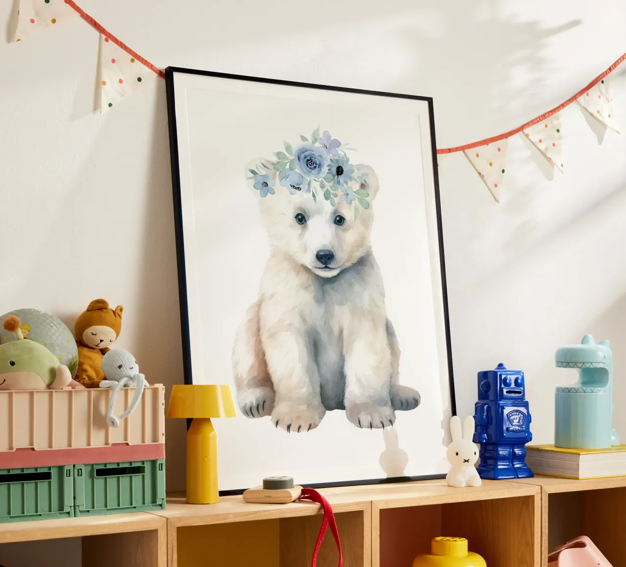 Orso polare, illustrazione carina per la cameretta, acquerello floreale poster con telaio in alluminio da Little Lila