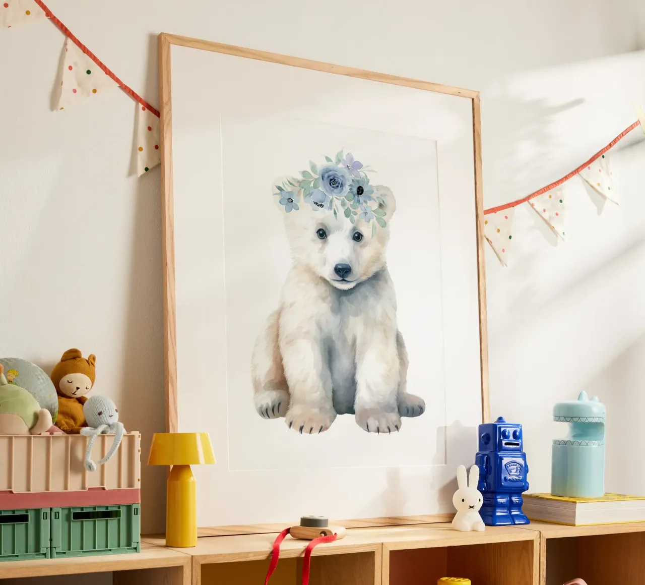 Ours polaire, illustration mignonne pour la chambre d'enfant, aquarelle florale poster de Little Lila