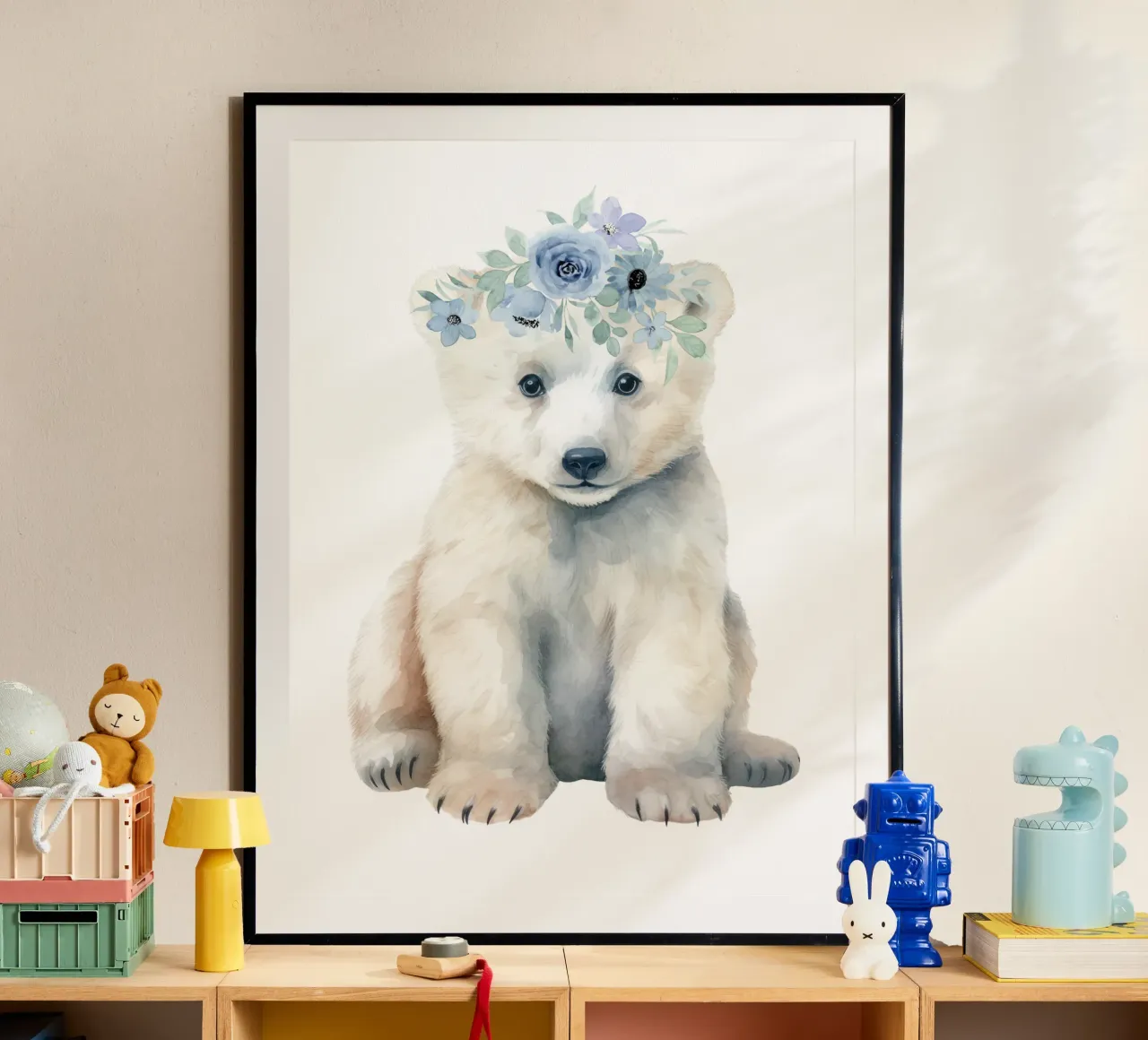 Orso polare, illustrazione carina per la cameretta, acquerello floreale poster con telaio in alluminio da Little Lila