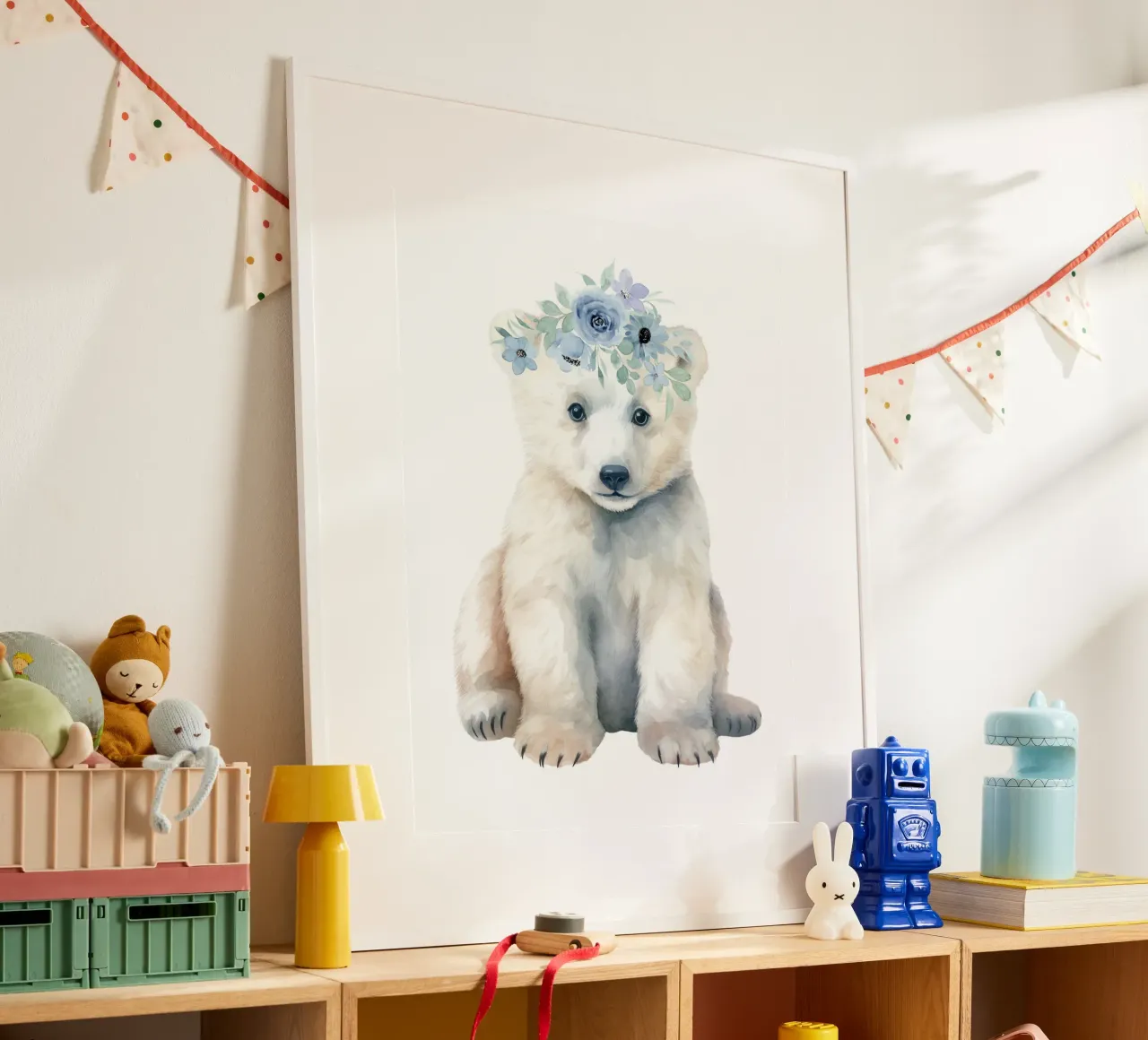 Orso polare, illustrazione carina per la cameretta, acquerello floreale poster con telaio in alluminio da Little Lila