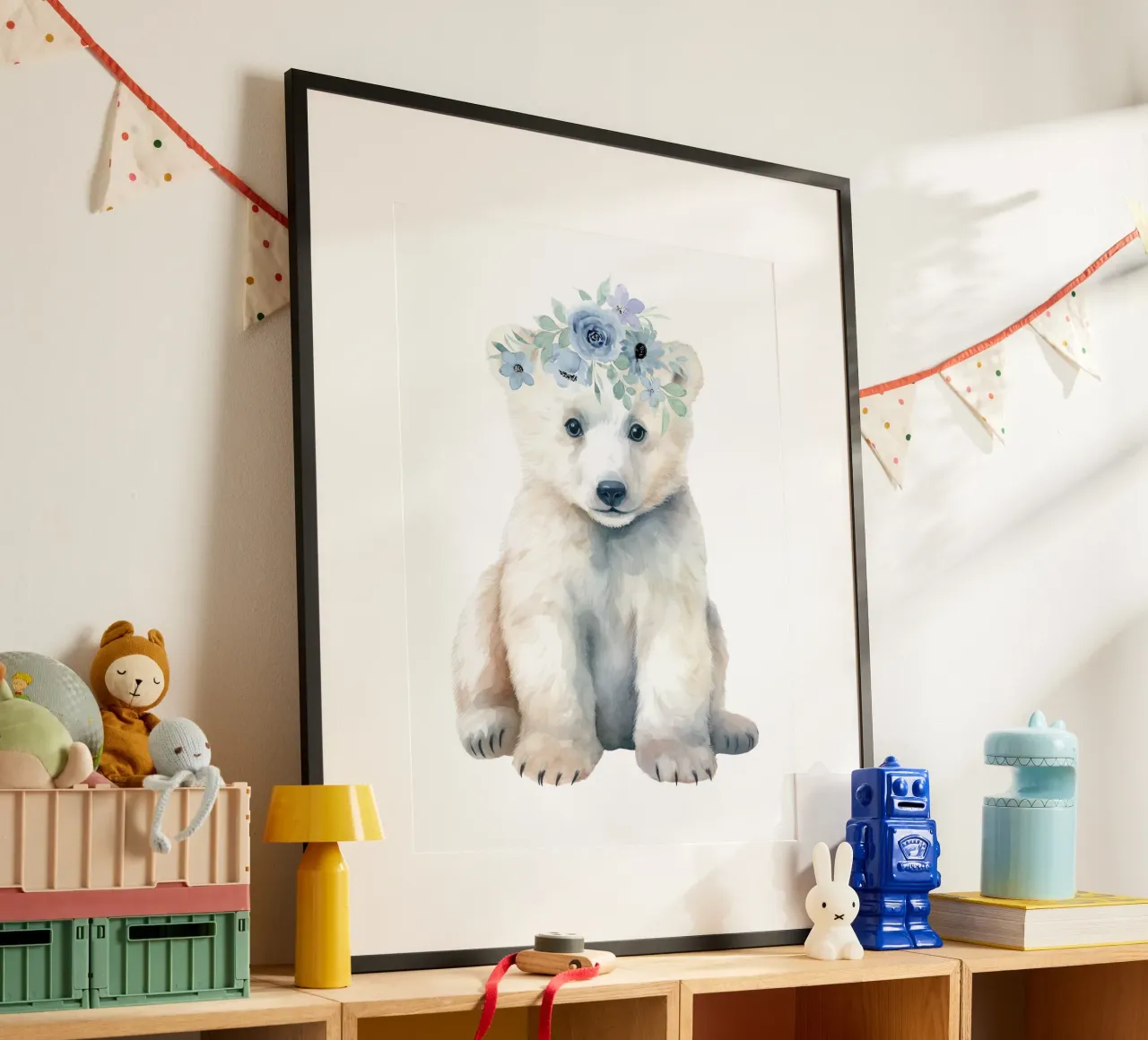Orso polare, illustrazione carina per la cameretta, acquerello floreale poster con telaio in alluminio da Little Lila