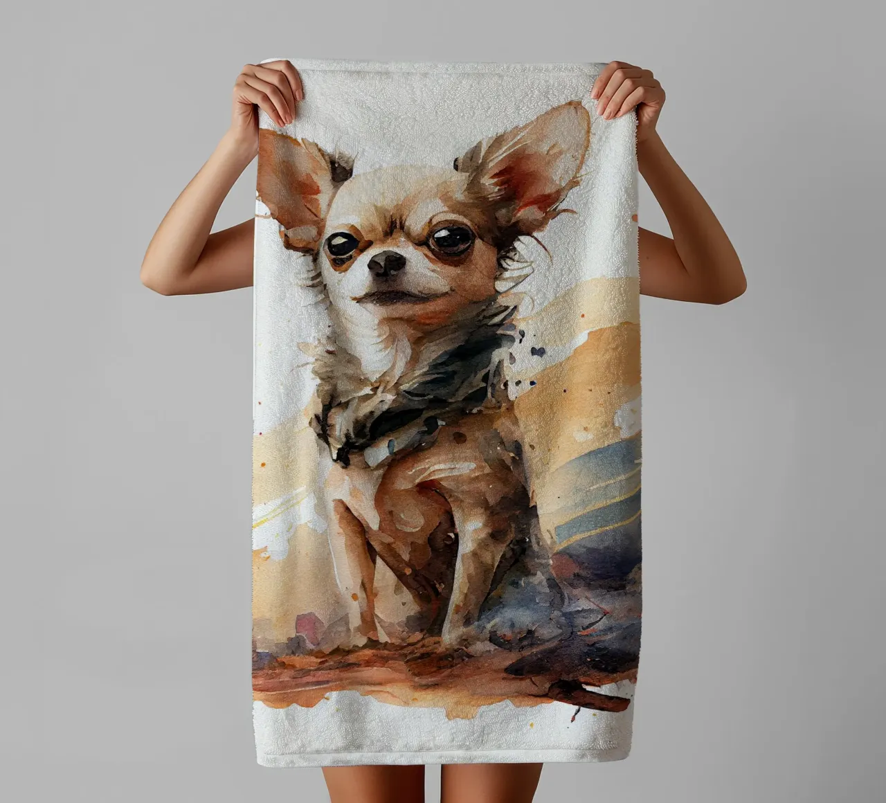 Cane chihuahua acquerellato asciugamano da bagno da Chromatic Fusion Studio