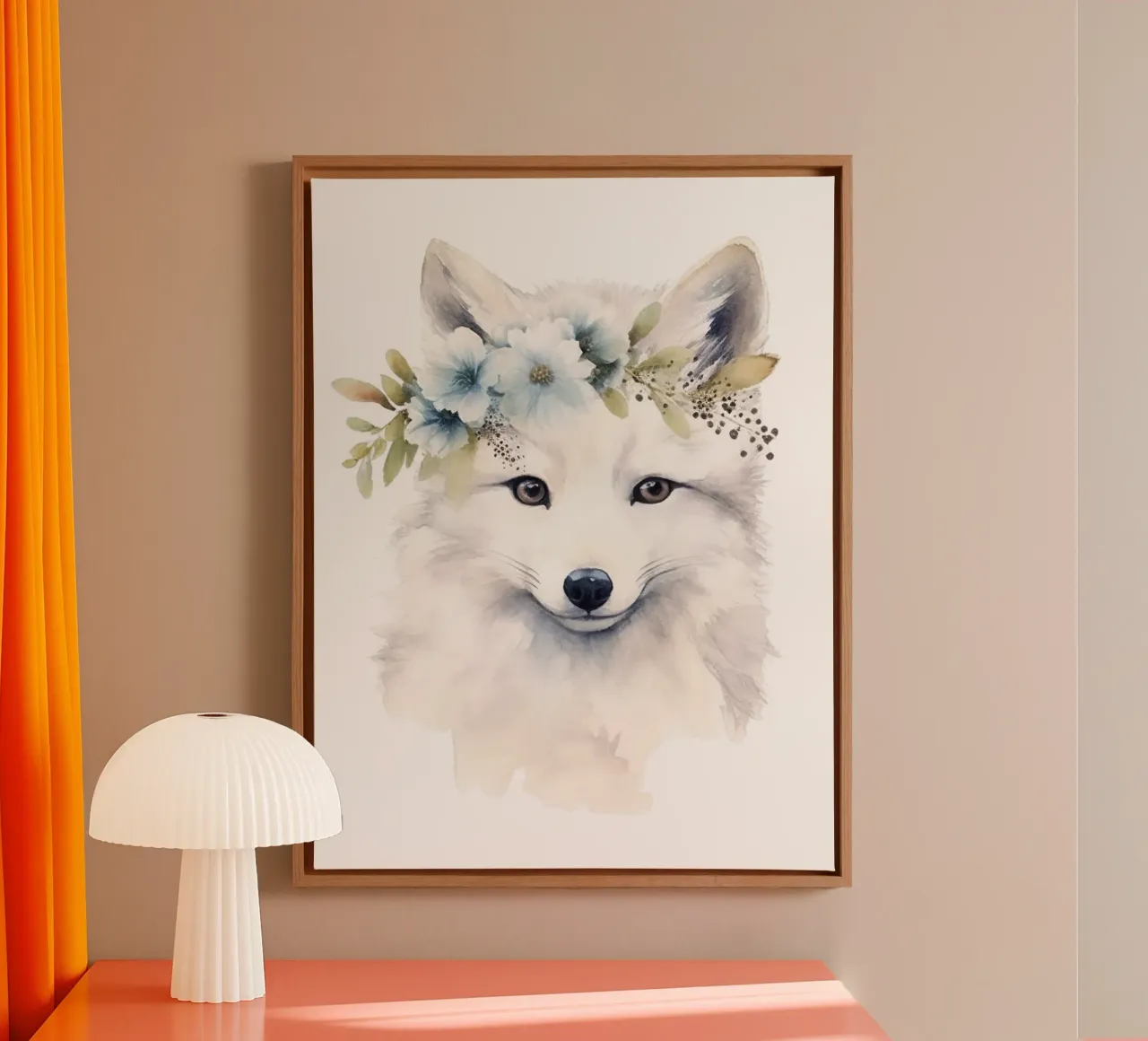 White Fox Watercolor, Custom Nursery Print for Baby's Room canvas with Floater frame by Little Lila