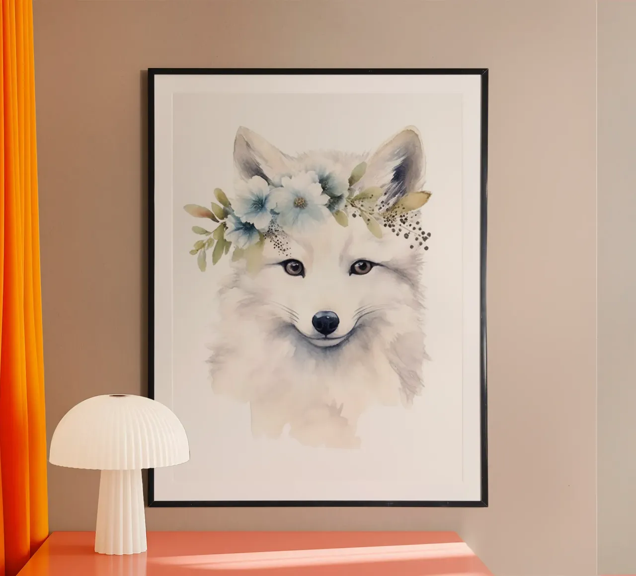 Volpe bianca acquerellata, stampa personalizzata per la cameretta del bambino poster con telaio in alluminio da Little Lila