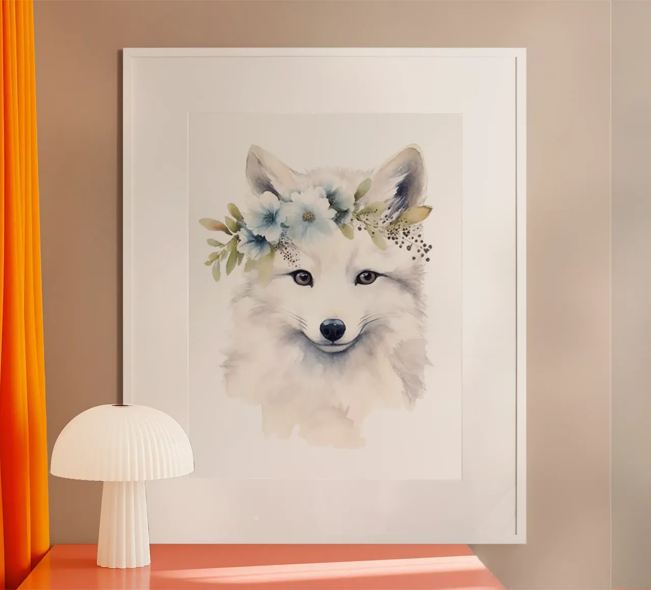 Volpe bianca acquerellata, stampa personalizzata per la cameretta del bambino poster con telaio in alluminio da Little Lila