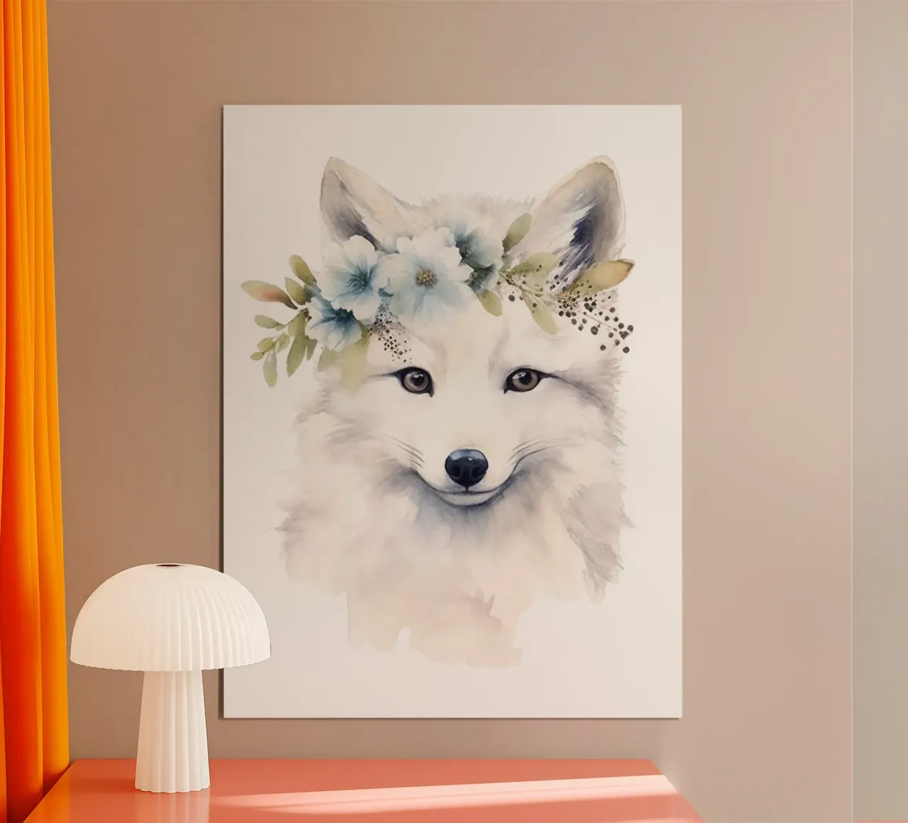 Volpe bianca acquerellata, stampa personalizzata per la cameretta del bambino poster con telaio in alluminio da Little Lila