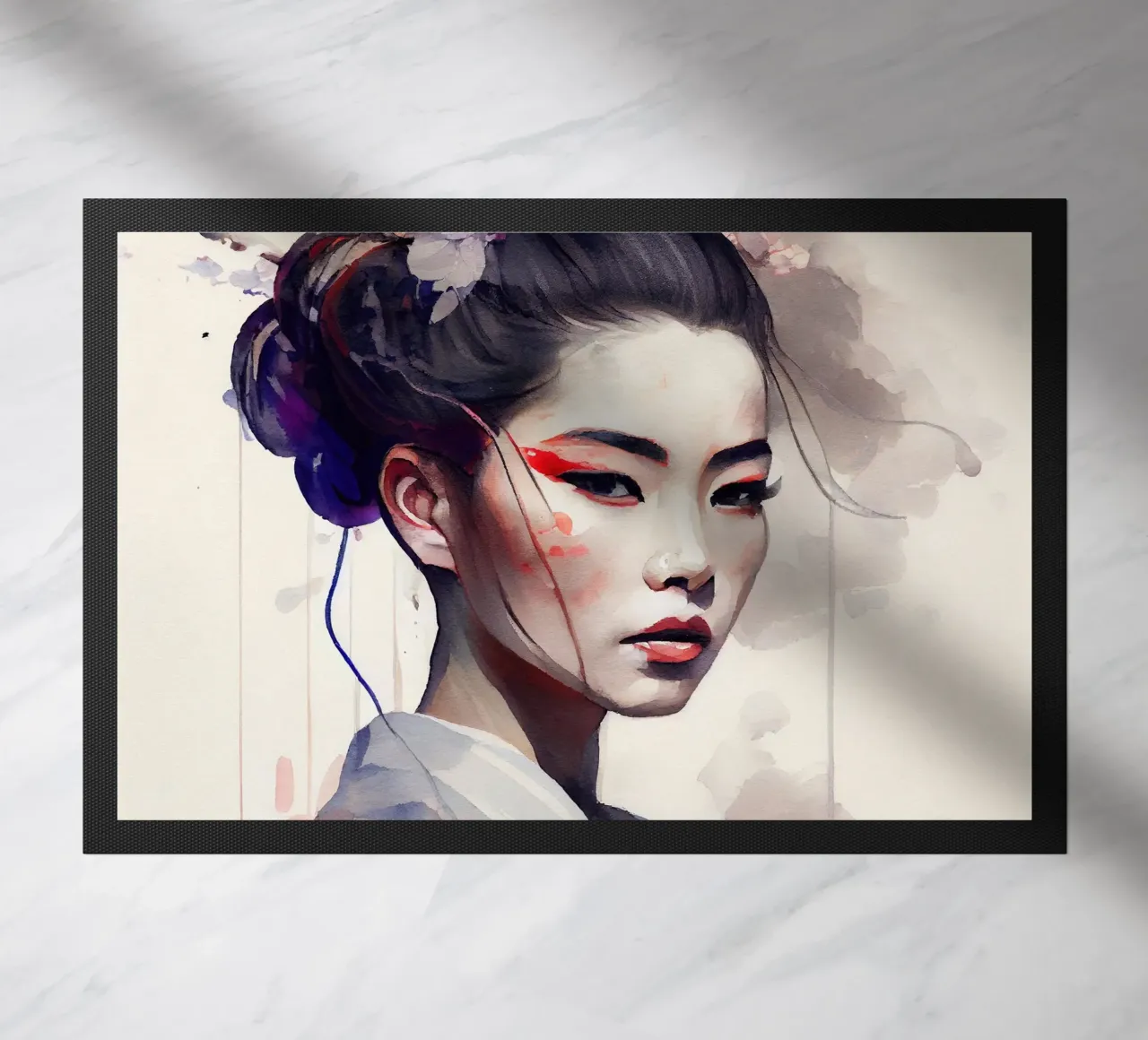 Watercolor Modern Geisha doormat by Chromatic Fusion Studio