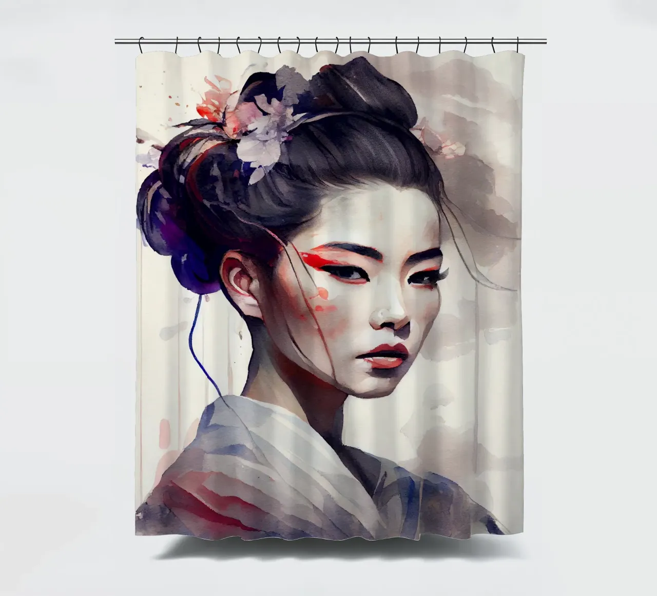Watercolor Modern Geisha shower curtain by Chromatic Fusion Studio