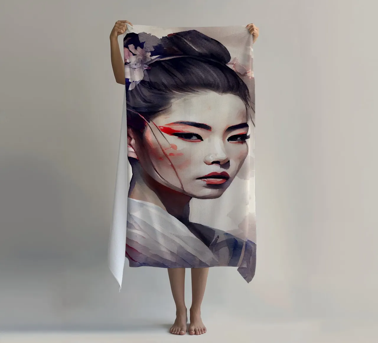 Watercolor Modern Geisha beach towel by Chromatic Fusion Studio