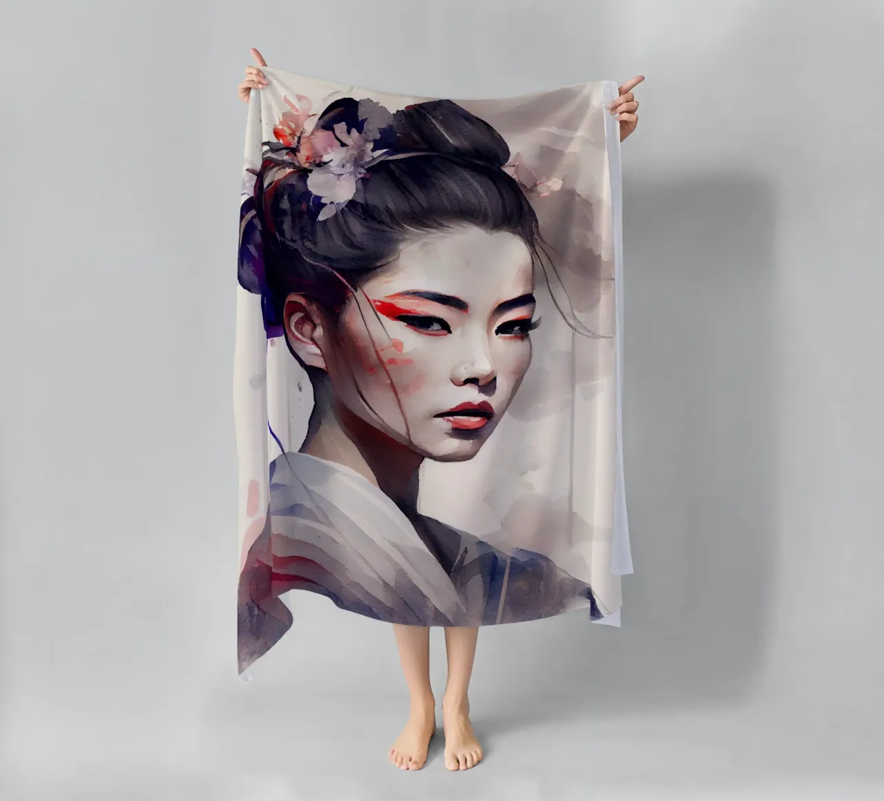 Watercolor Modern Geisha beach towel by Chromatic Fusion Studio