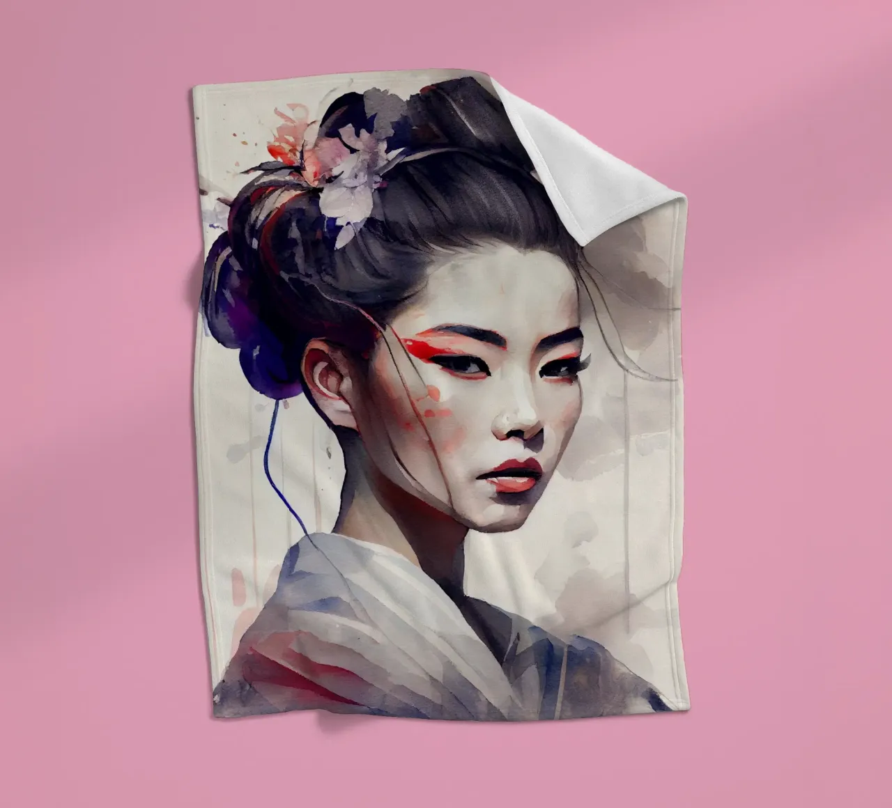 Watercolor Modern Geisha fleece blanket by Chromatic Fusion Studio