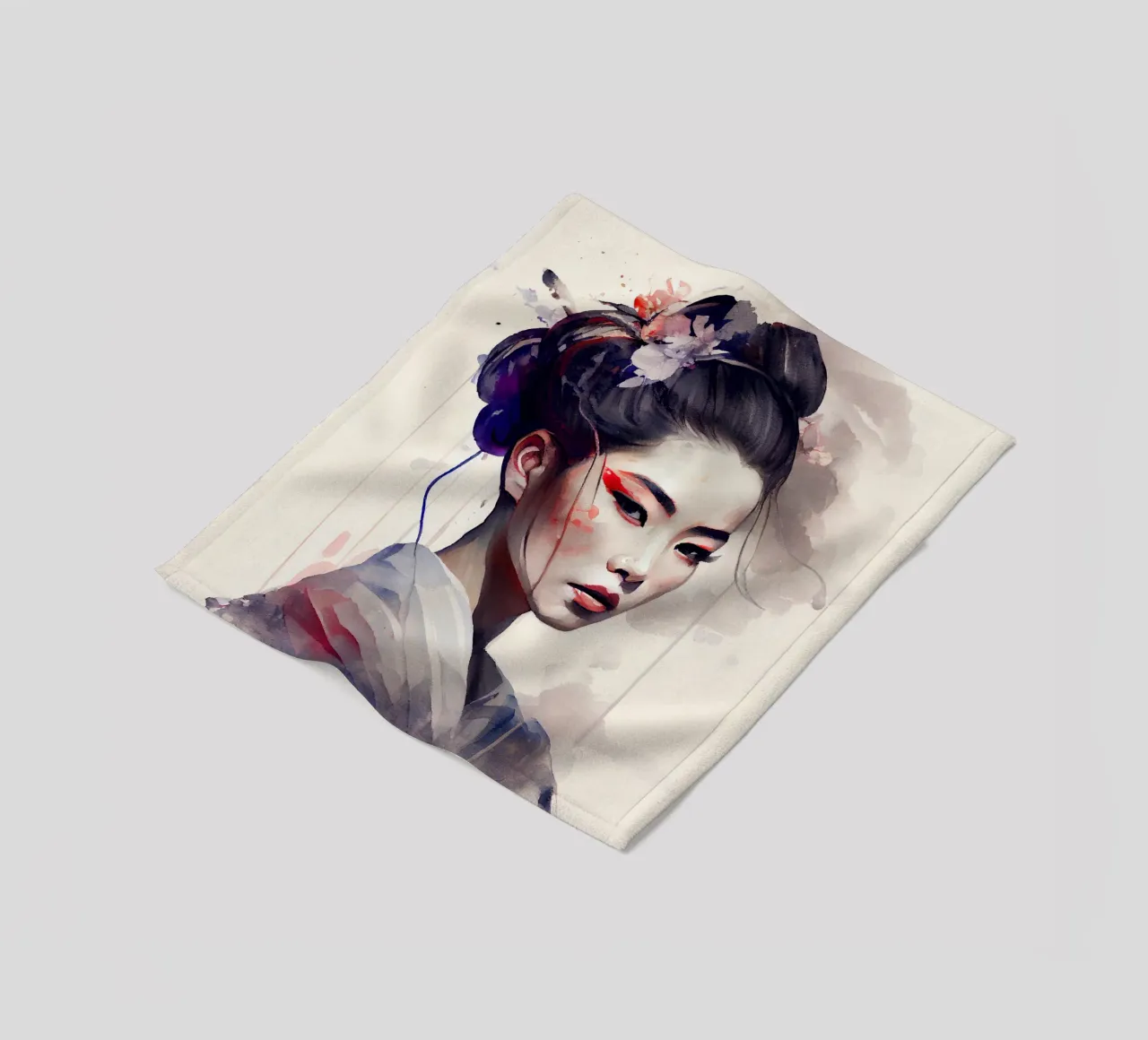 Watercolor Modern Geisha fleece blanket by Chromatic Fusion Studio
