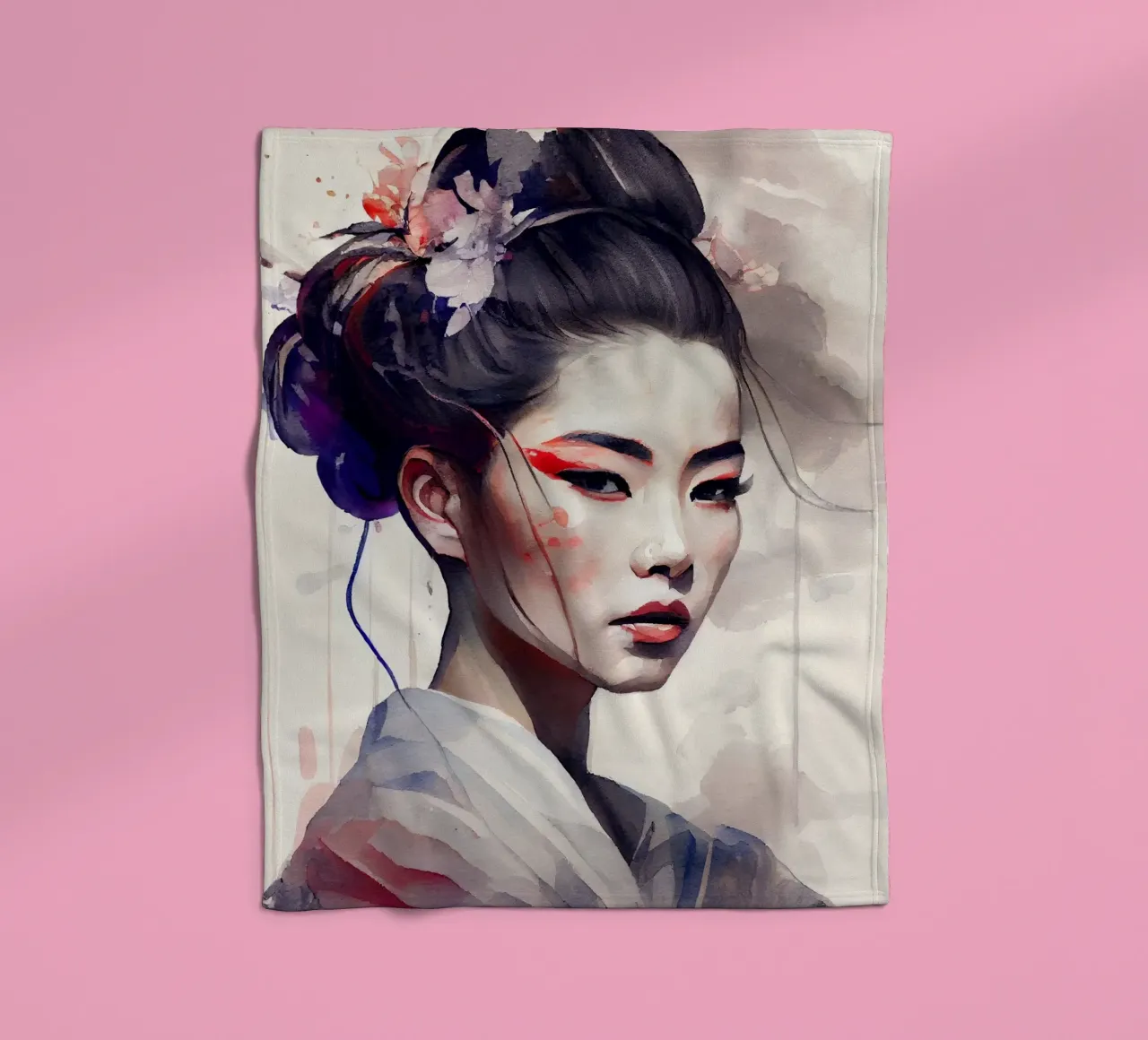 Watercolor Modern Geisha fleece blanket by Chromatic Fusion Studio
