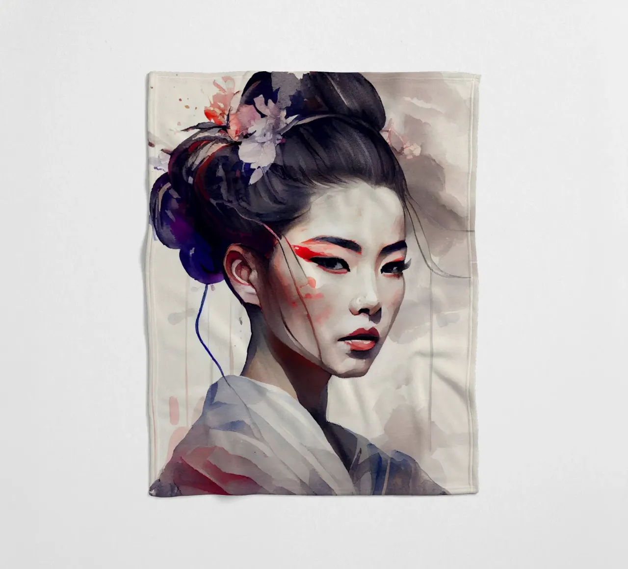 Watercolor Modern Geisha fleece blanket by Chromatic Fusion Studio