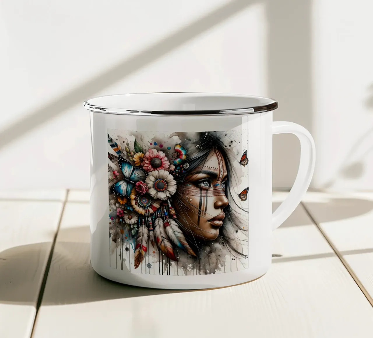 Acquerello Donna nativa americana tazza in smalto da Chromatic Fusion Studio