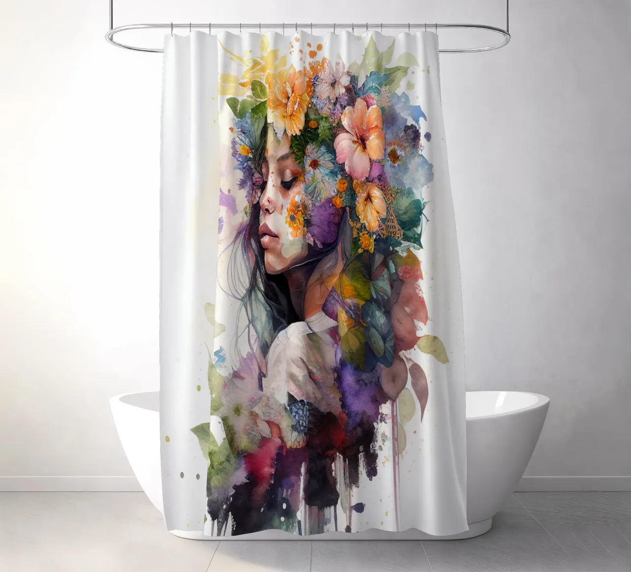 Watercolor Tropical Woman shower curtain by Chromatic Fusion Studio
