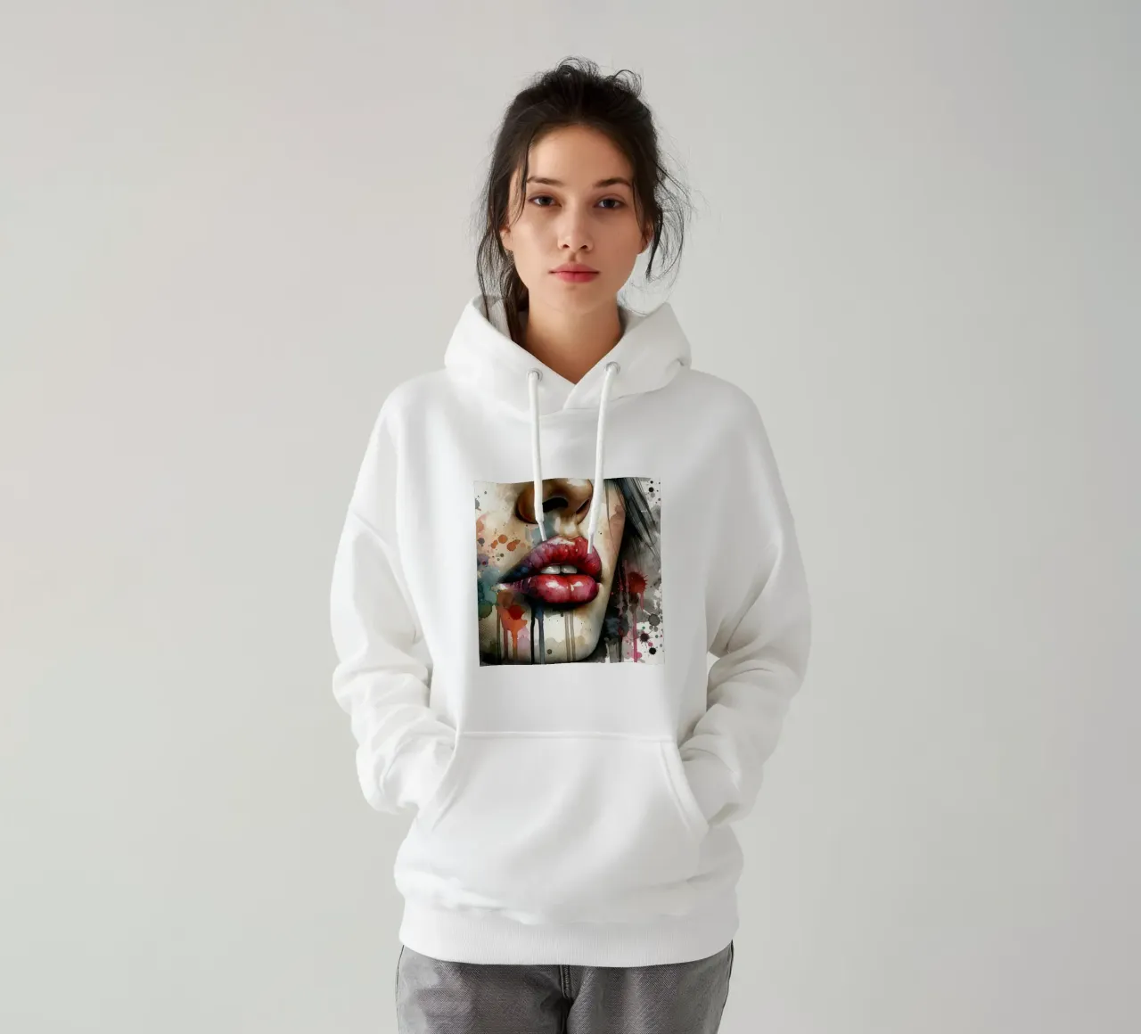 Labbra di donna acquerellate felpa con cappuccio da Chromatic Fusion Studio