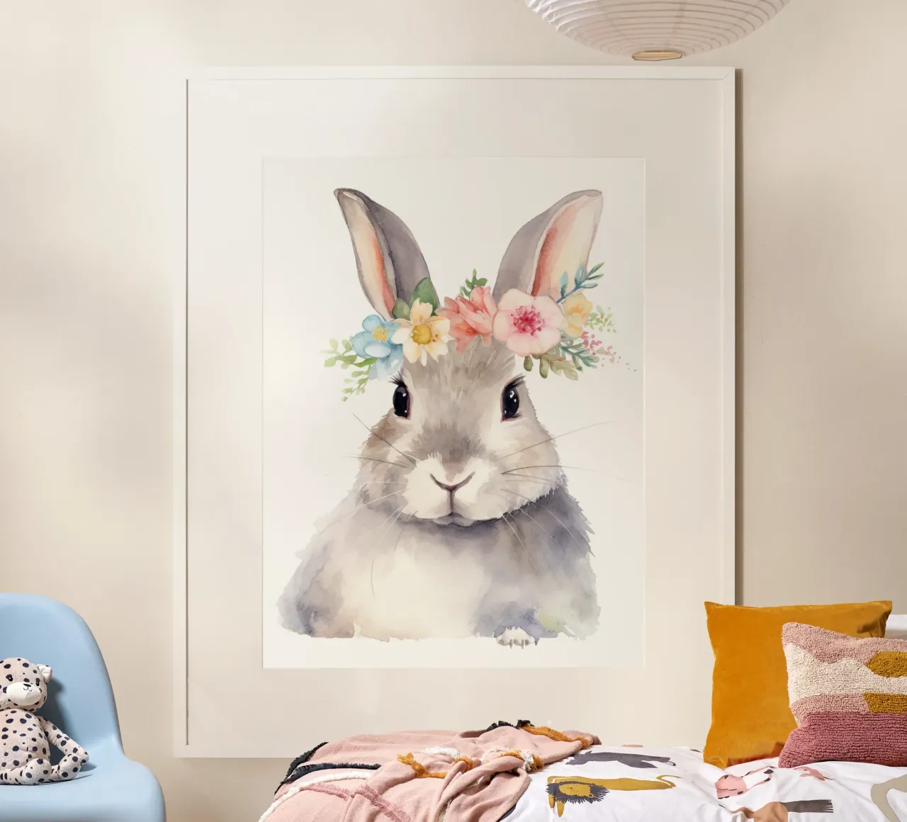 Coniglietto con corona di fiori, acquerello per bambini della scuola materna poster con telaio in plastica da Little Lila