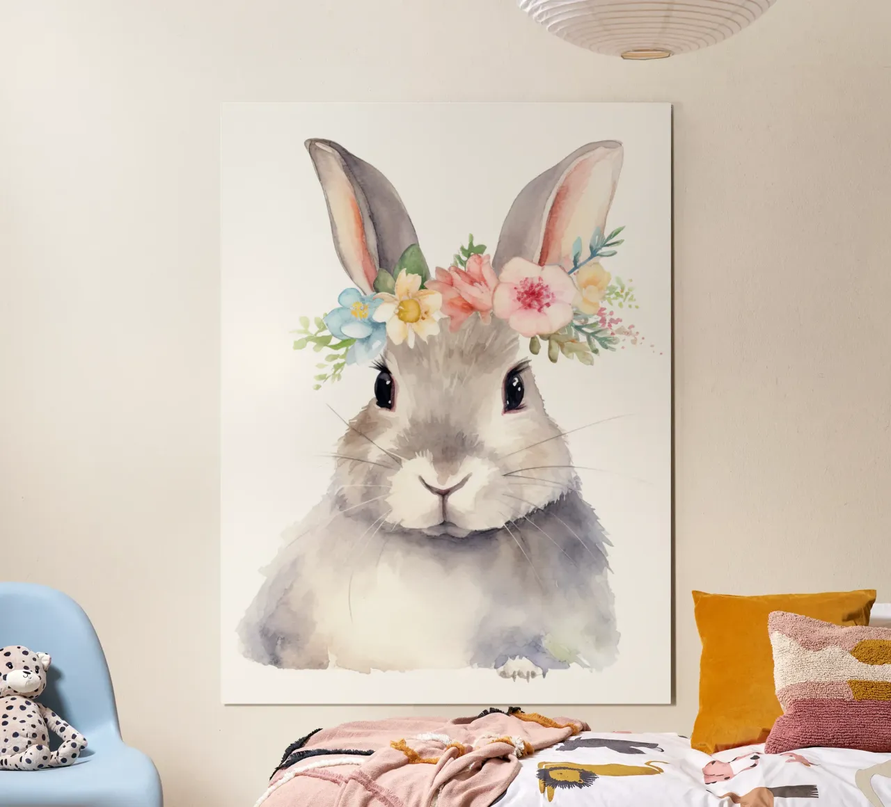 Coniglietto con corona di fiori, acquerello per bambini della scuola materna poster con telaio in plastica da Little Lila