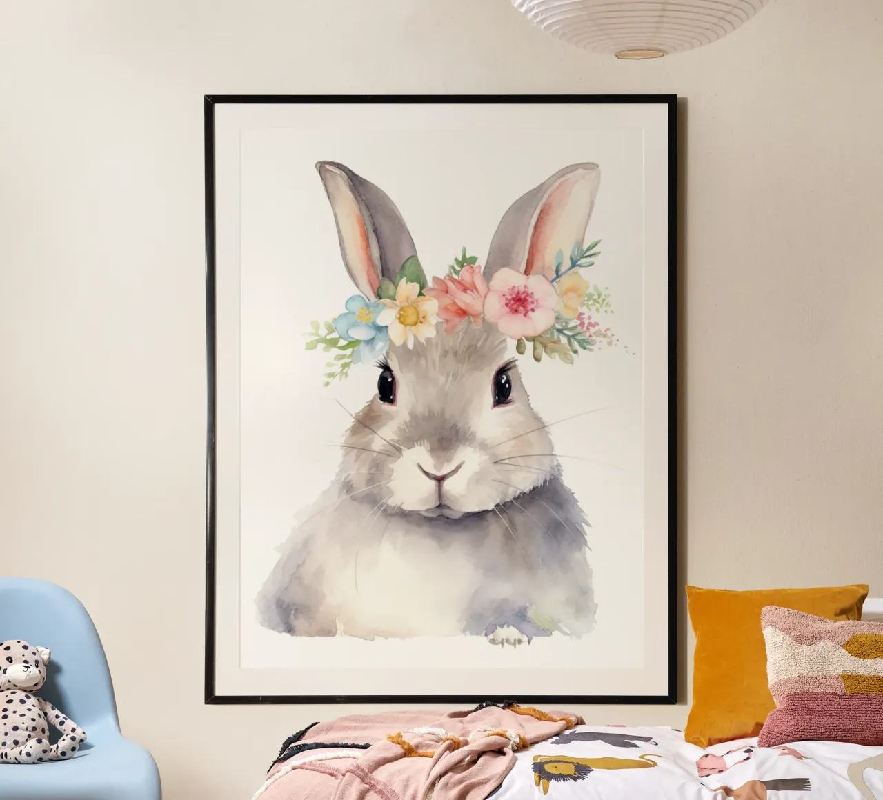 Coniglietto con corona di fiori, acquerello per bambini della scuola materna poster con telaio in plastica da Little Lila
