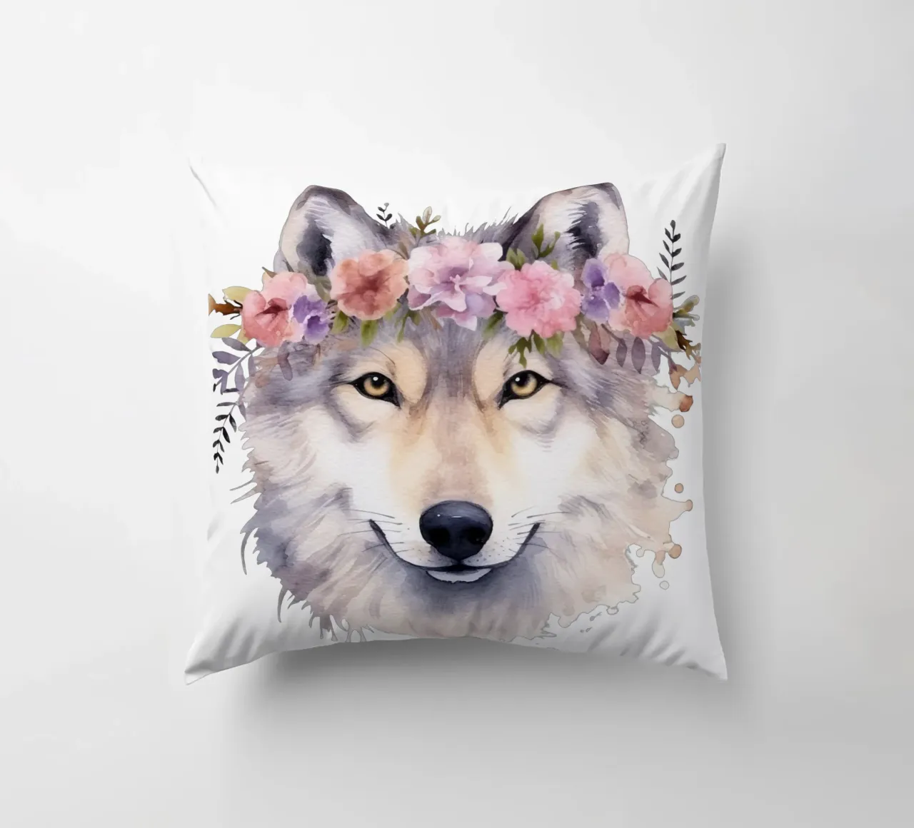 Illustrazione di lupo ad acquerello con corona di fiori cuscino da Little Lila