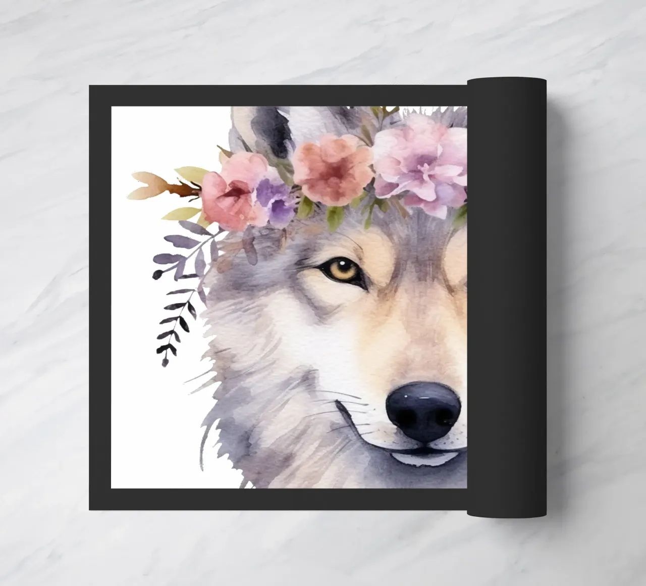 Illustrazione di lupo ad acquerello con corona di fiori zerbino da Little Lila