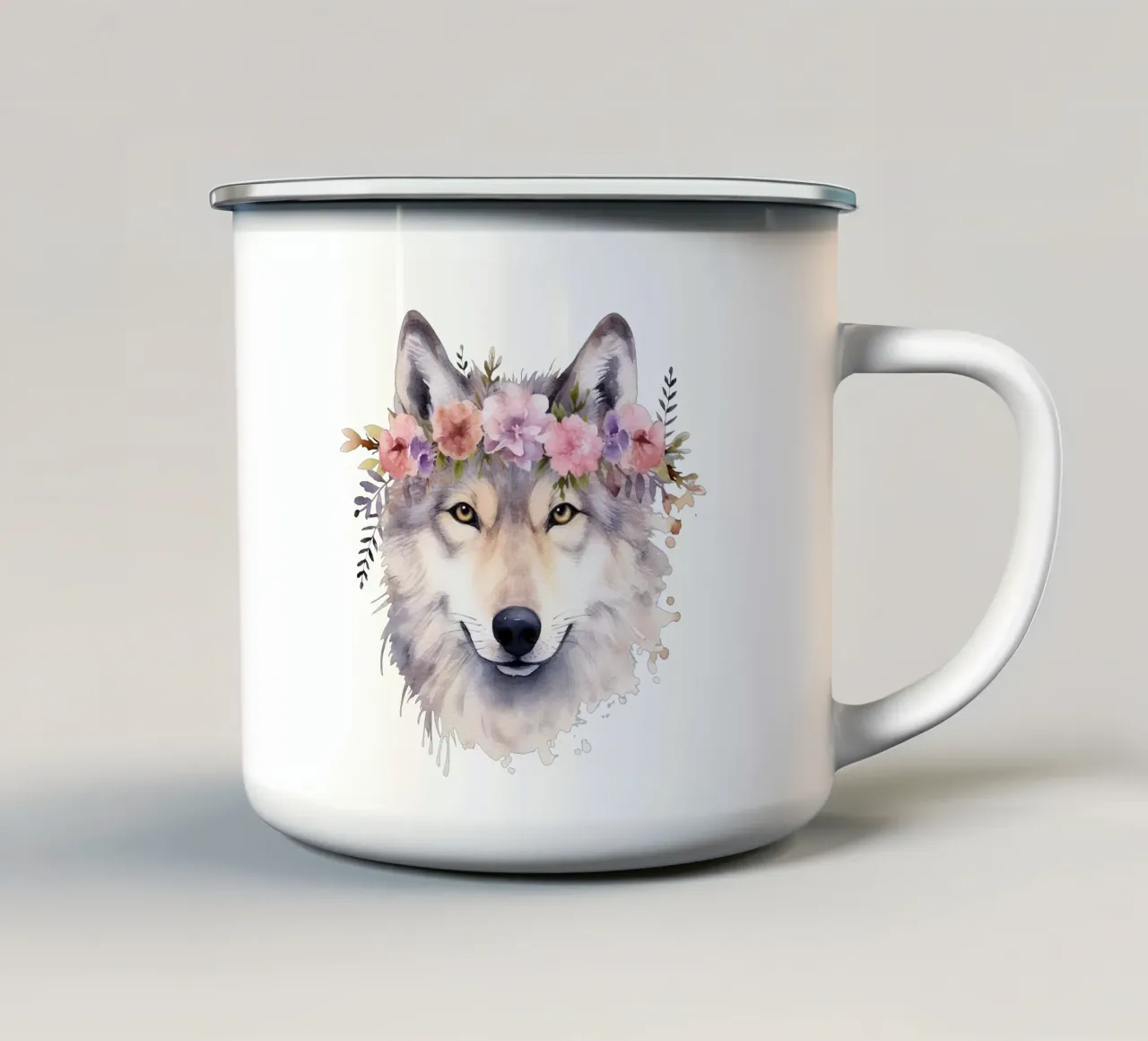 Illustrazione di lupo ad acquerello con corona di fiori tazza in smalto da Little Lila