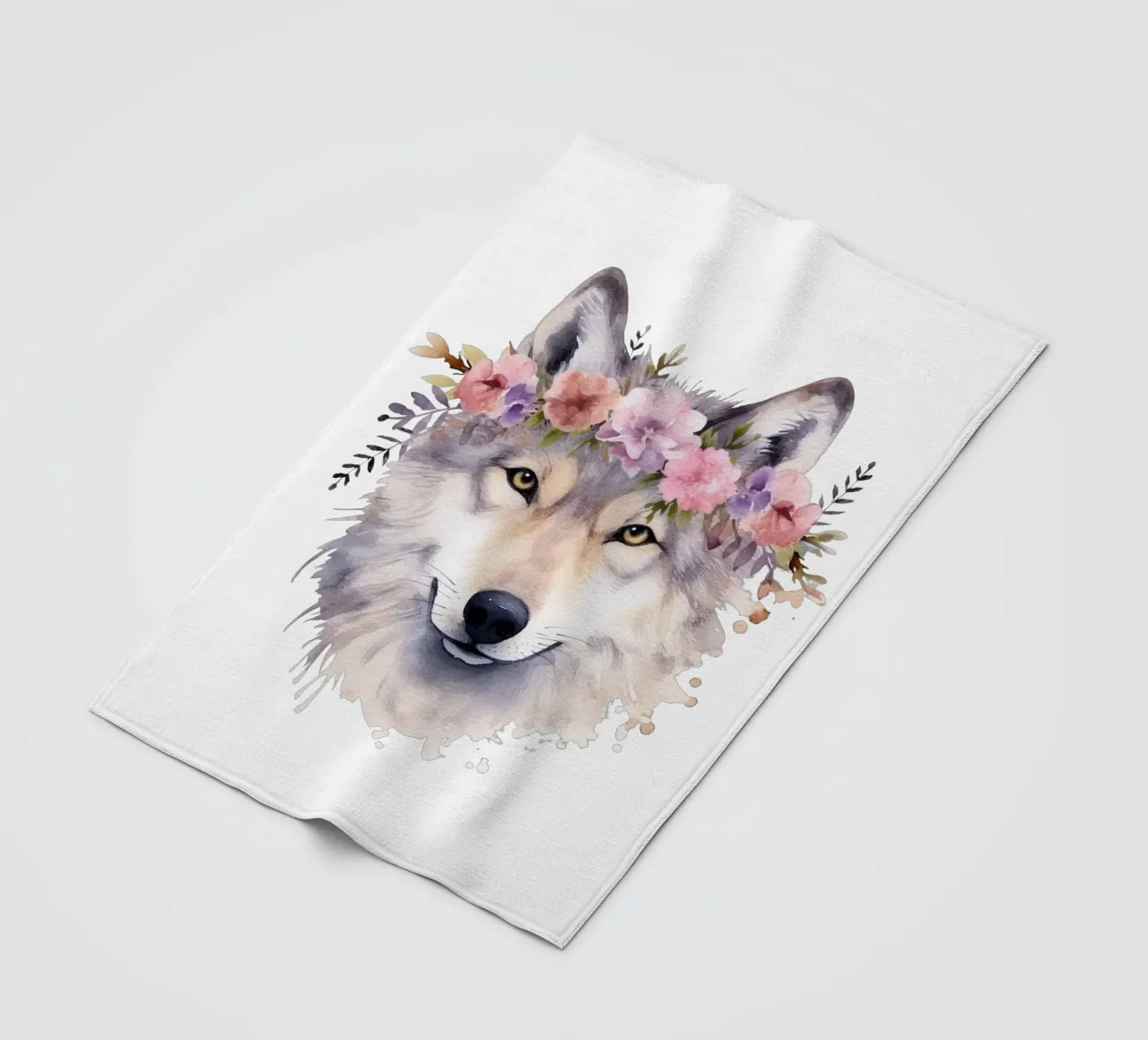 Illustrazione di lupo ad acquerello con corona di fiori coperta in pile da Little Lila