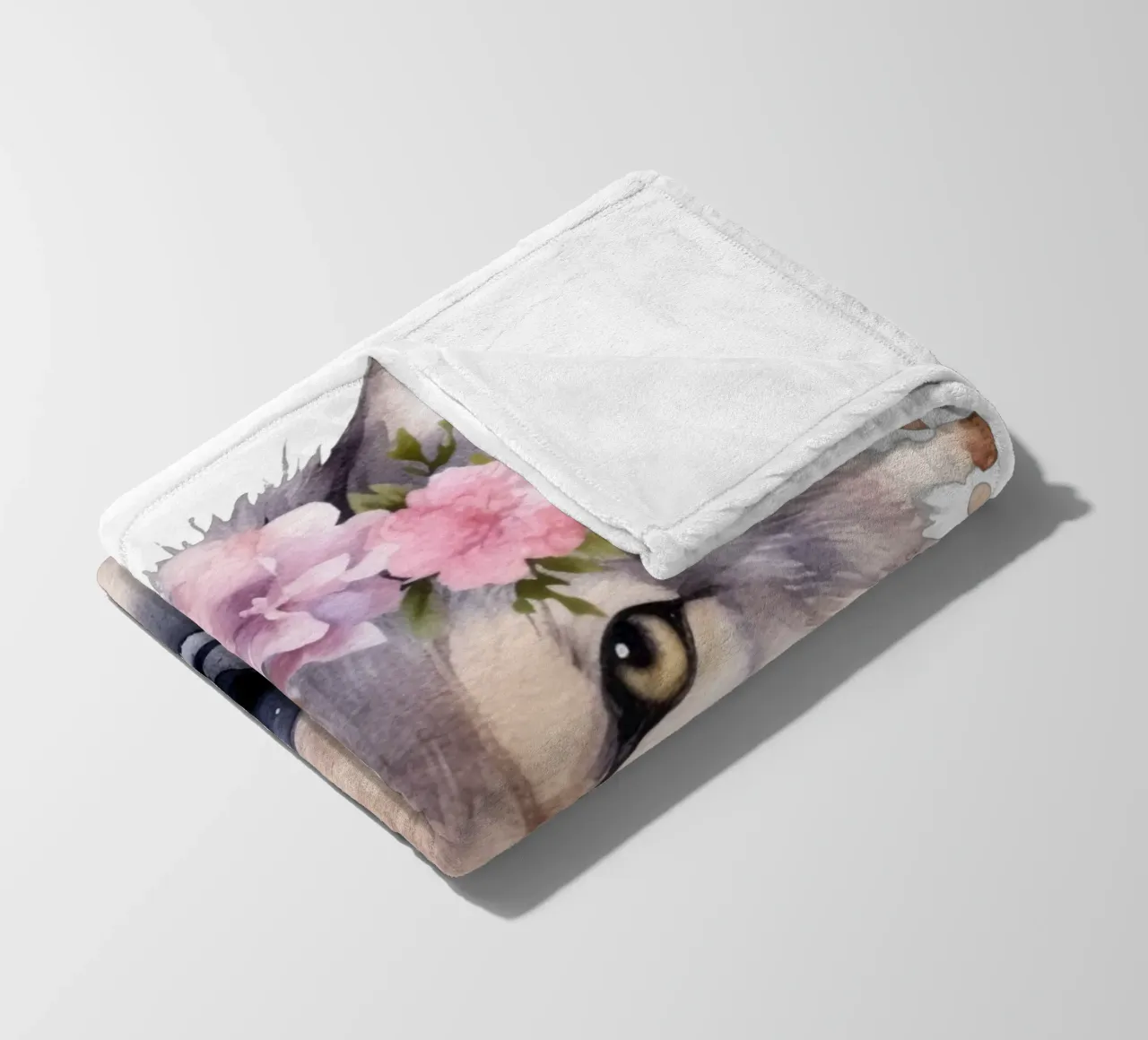 Illustrazione di lupo ad acquerello con corona di fiori coperta in pile da Little Lila