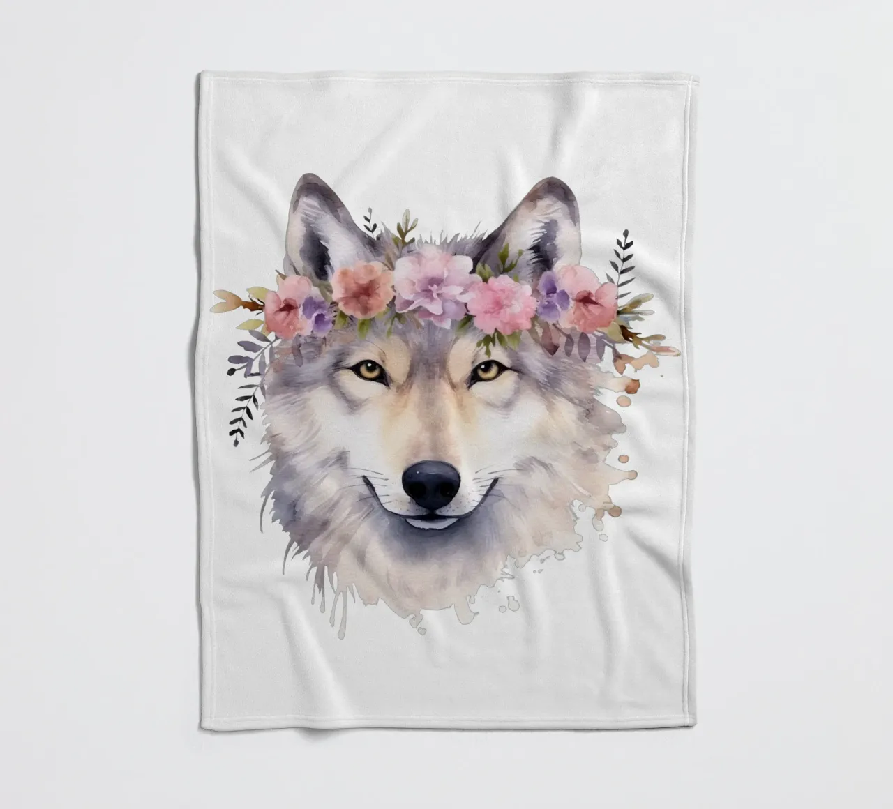 Illustrazione di lupo ad acquerello con corona di fiori coperta in pile da Little Lila