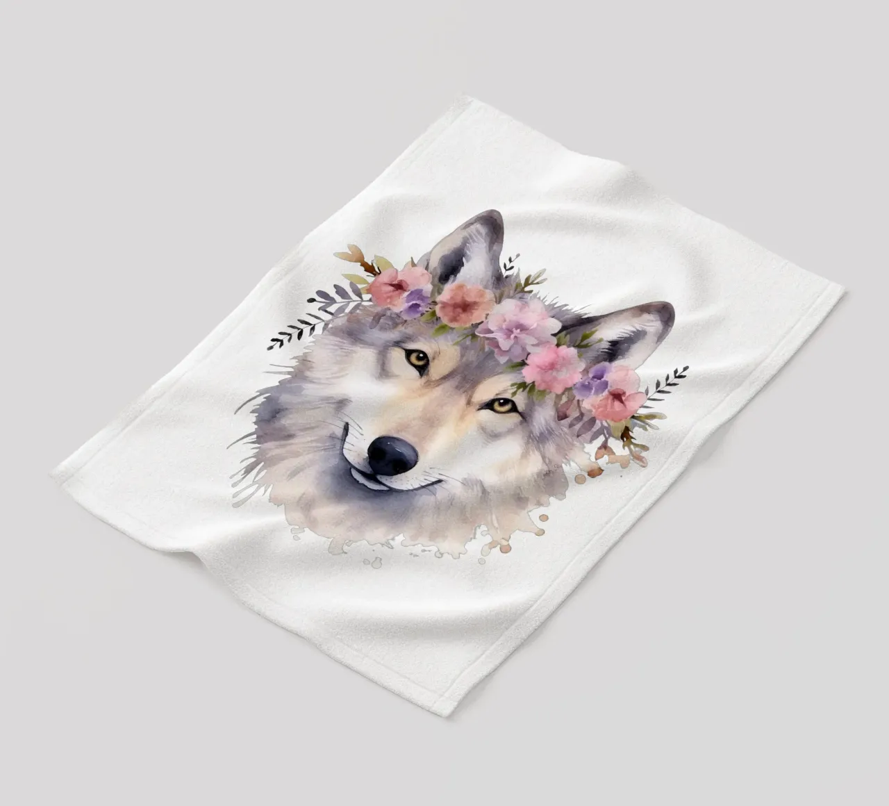 Illustrazione di lupo ad acquerello con corona di fiori coperta in pile da Little Lila