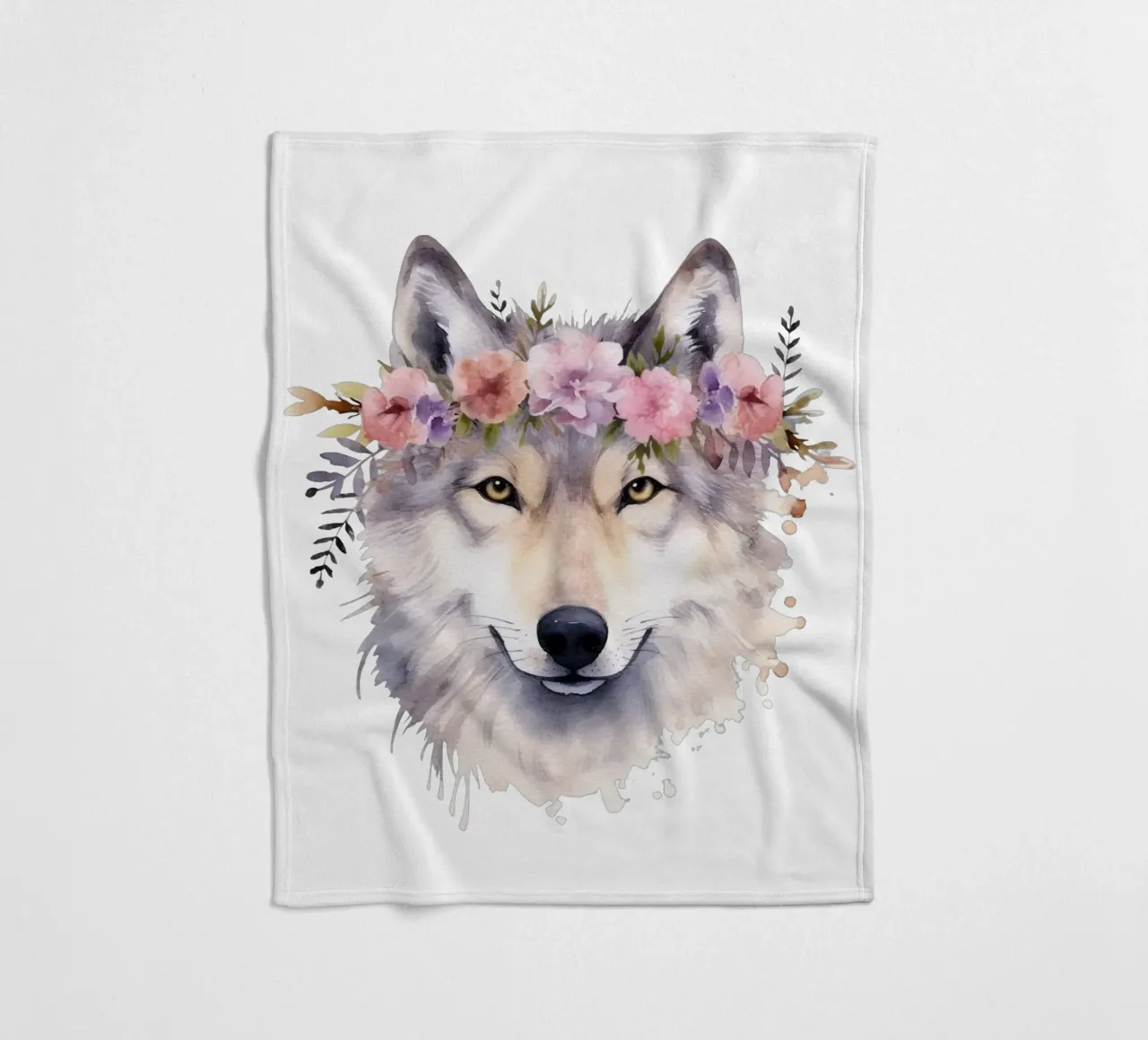 Illustrazione di lupo ad acquerello con corona di fiori coperta in pile da Little Lila