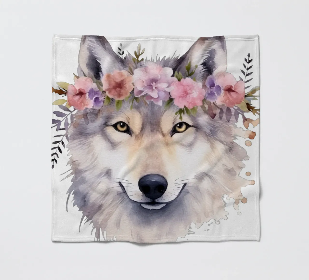 Illustrazione di lupo ad acquerello con corona di fiori coperta in pile da Little Lila