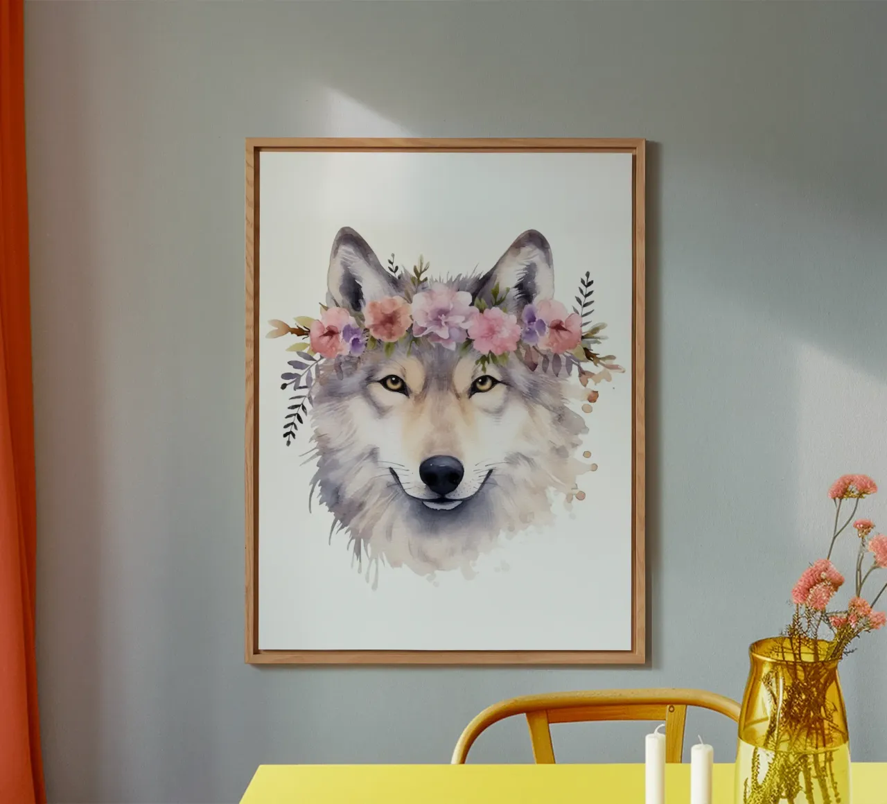 Illustrazione di lupo ad acquerello con corona di fiori alluminio dibond da Little Lila