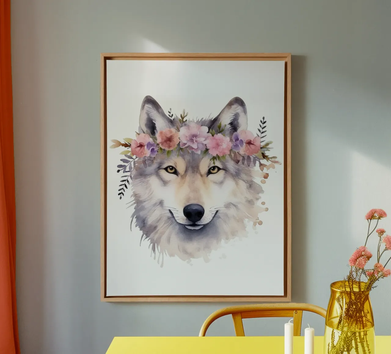 Illustrazione di lupo ad acquerello con corona di fiori tela con Cornice a cassetta da Little Lila