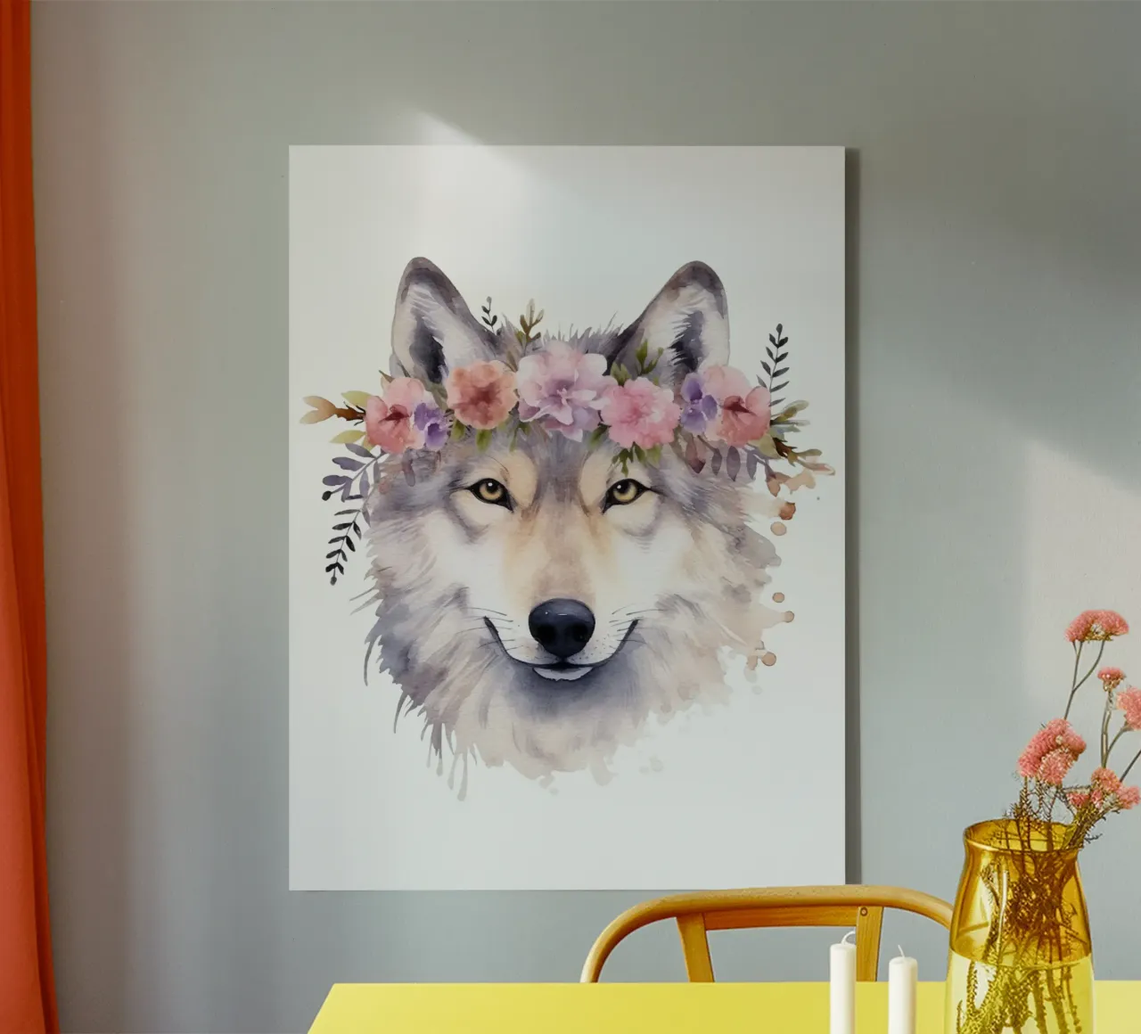 Illustrazione di lupo ad acquerello con corona di fiori tela con Cornice a cassetta da Little Lila