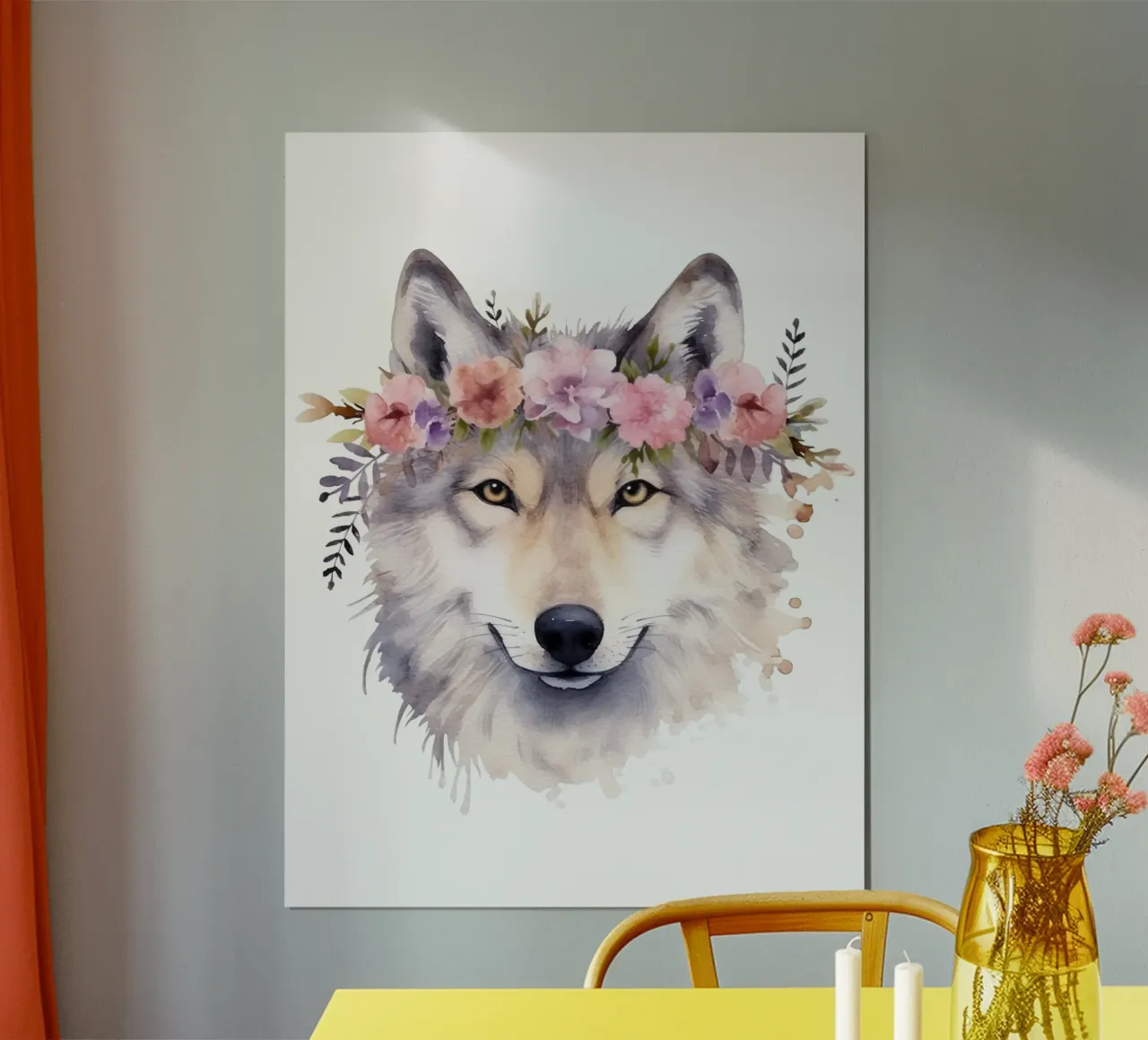 Illustrazione di lupo ad acquerello con corona di fiori carta hahnemühle da Little Lila