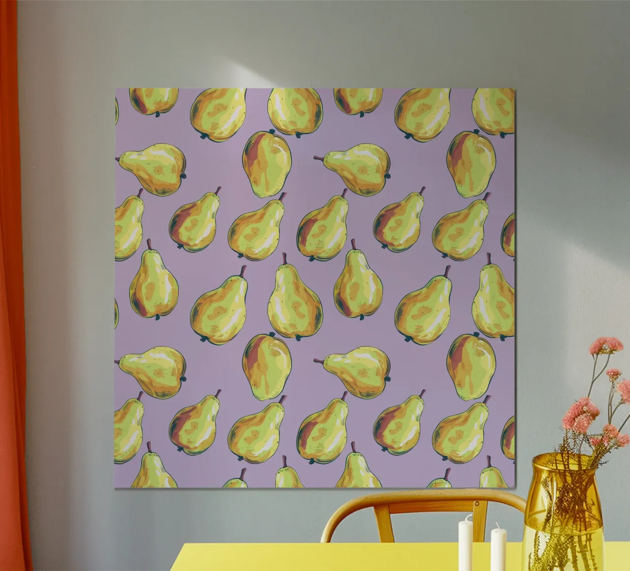 Collezione di pere gialle poster con telaio in legno da Cat Grafic Design