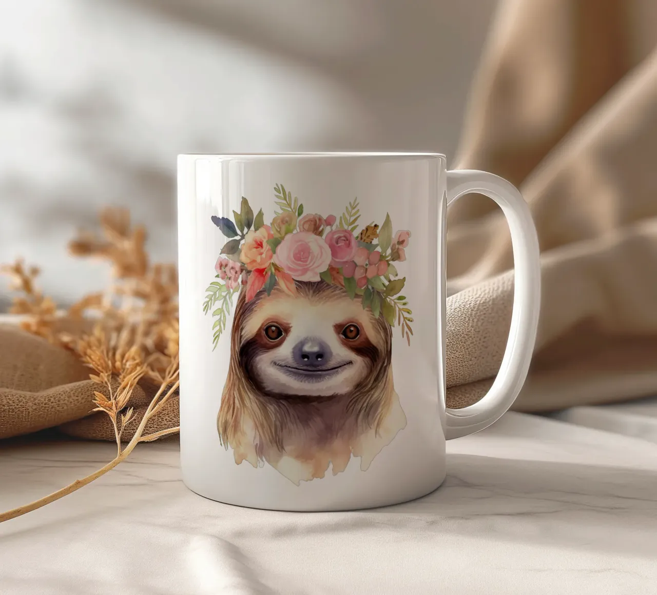 Cute Watercolour Sloth with Flower Crown, Nursery Kids Print ceramic mug by Little Lila
